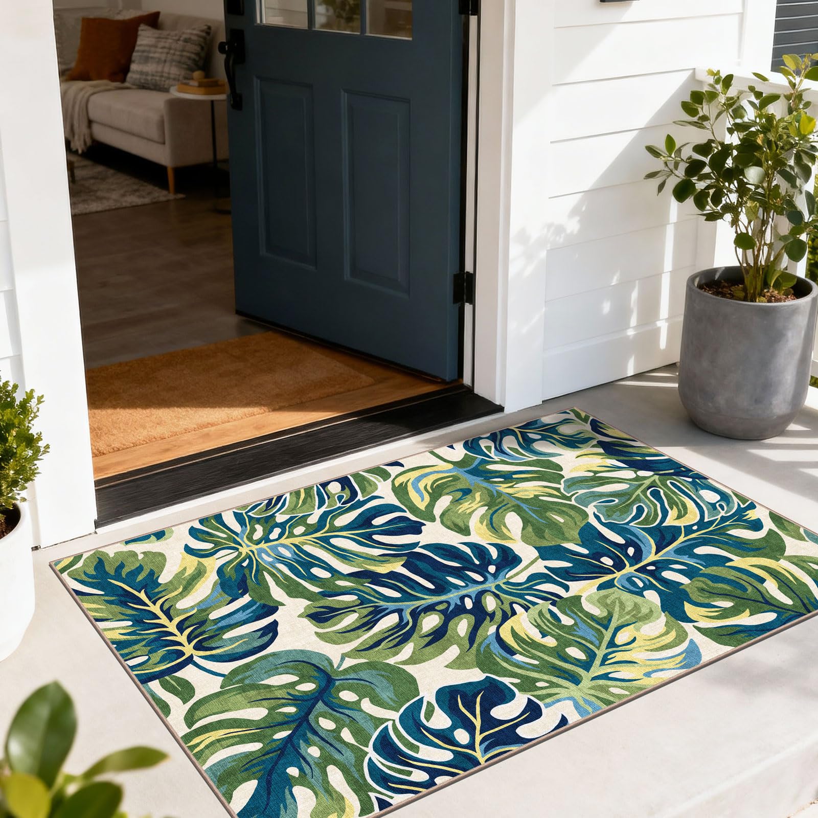3x5 Floral Entry Rug - Small Washable Indoor Outdoor Mats for Front Door Non-Slip Porch Rug Beige Vintage Farmhouse Throw Rugs for Living Room Bedroom Entryway Kitchen Office Porch Decor