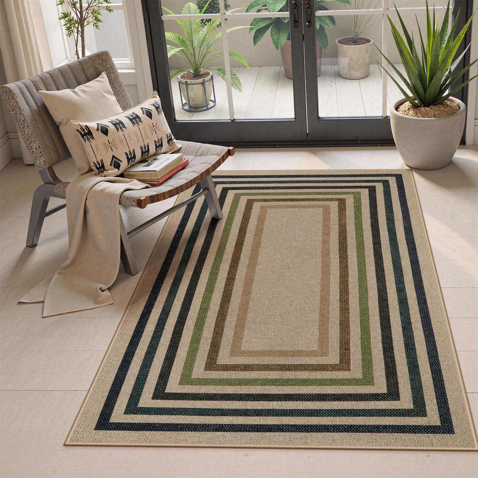 Lahome Enfys Modern Rainbow Easy Jute Outdoor Patio Rug, 3x5 Black Washable Rugs for Entryway Office Farmhouse Classroom Carpet, Contemporary Non Slip Front Door Mat for Porch Guestroom Room Decor