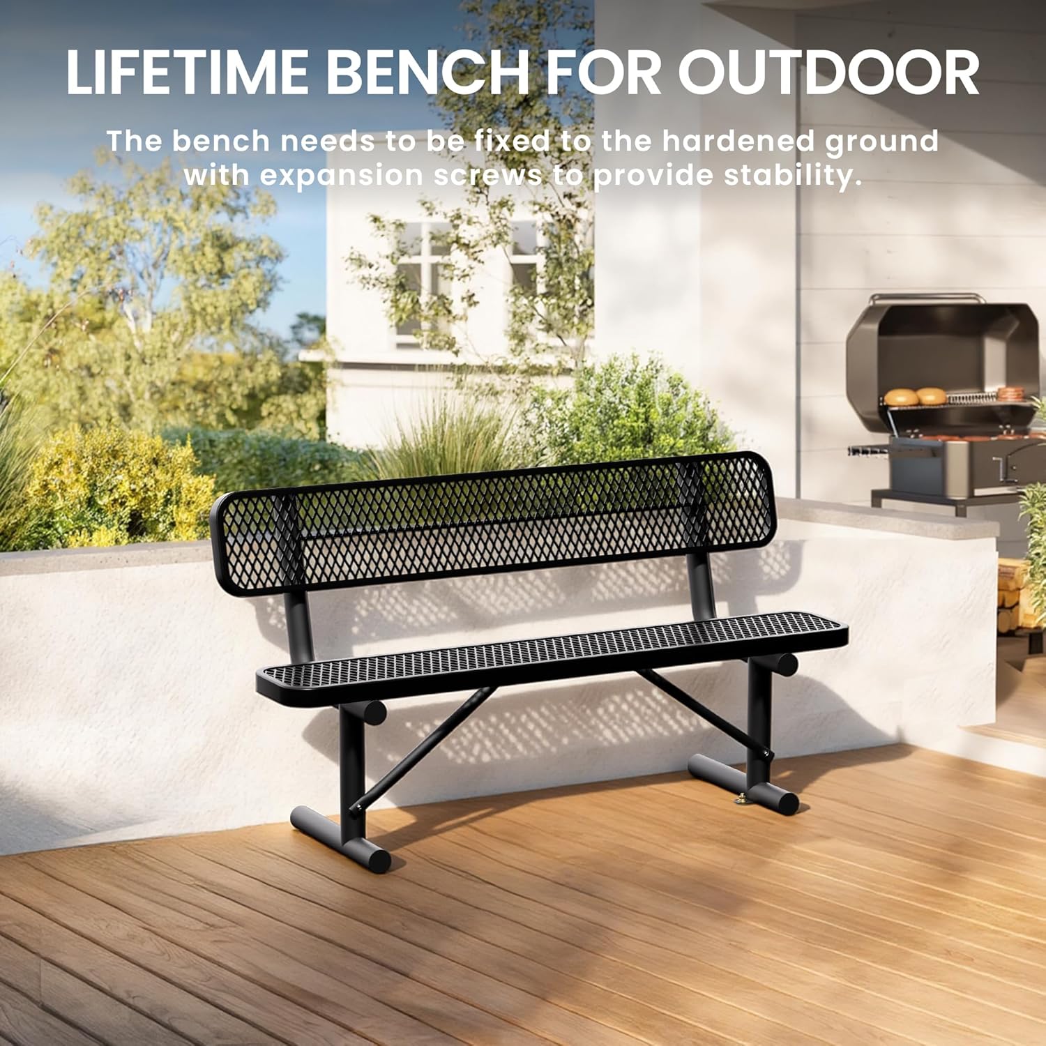 6 Feet Heavy Duty Metal Park Bench for Outside, Outdoor Bench with Backrest & Portable Frame, Commercial Benches for Shopping Malls, Stores, Parks, Patios, Decks, Black