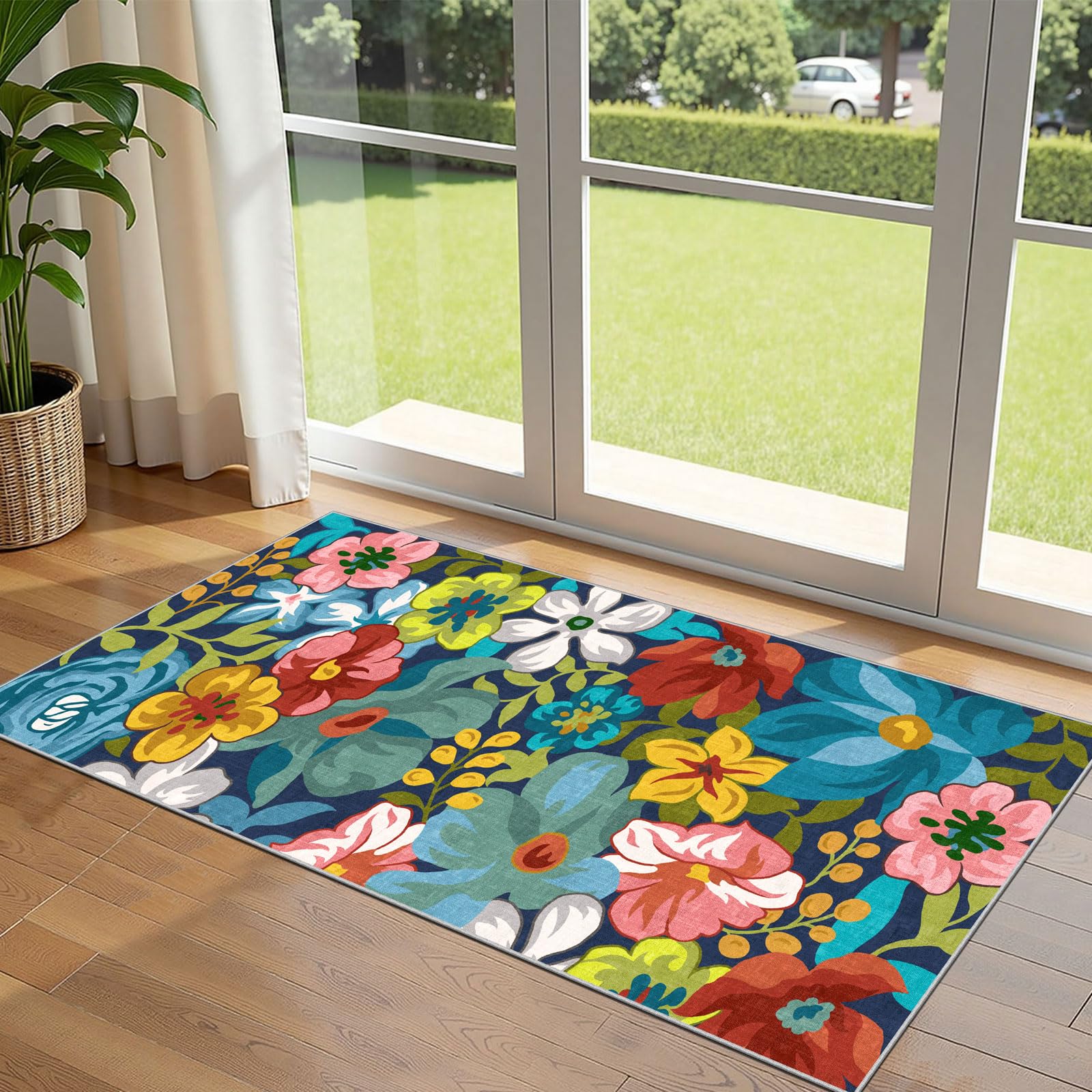 3x5 Floral Entry Rug - Small Washable Indoor Outdoor Mats for Front Door Non-Slip Porch Rug Beige Vintage Farmhouse Throw Rugs for Living Room Bedroom Entryway Kitchen Office Porch Decor