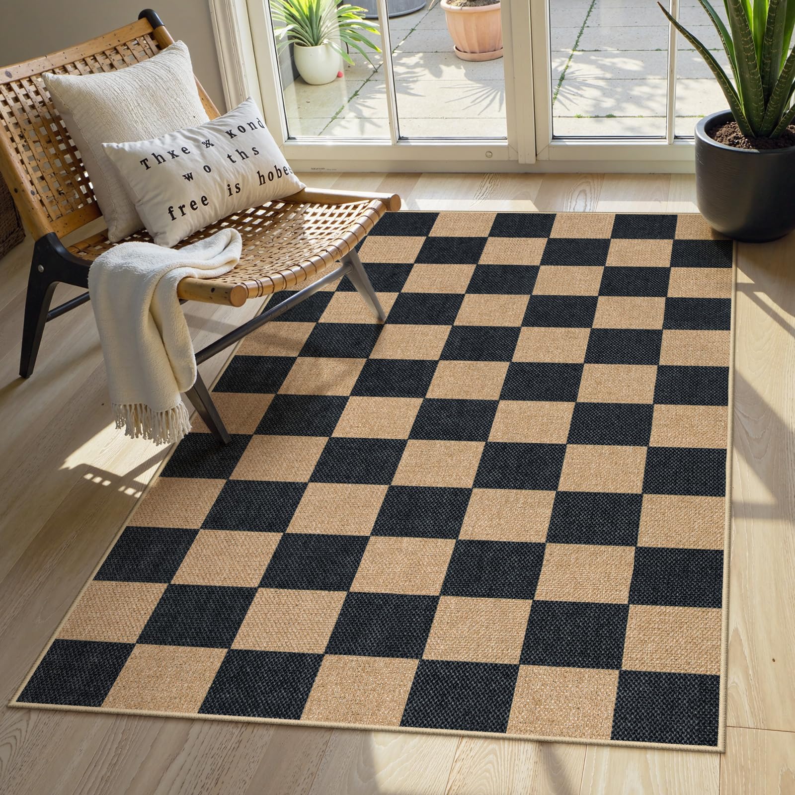 Lahome Colette Checkered Easy Jute 3x5 Outdoor Patio Rug, Washable Rugs for Entryway Diamond Indoor Outdoor Living Room Carpet, Farmhouse Neutral Non Slip Black Door Carpet for Backyard Bedroom