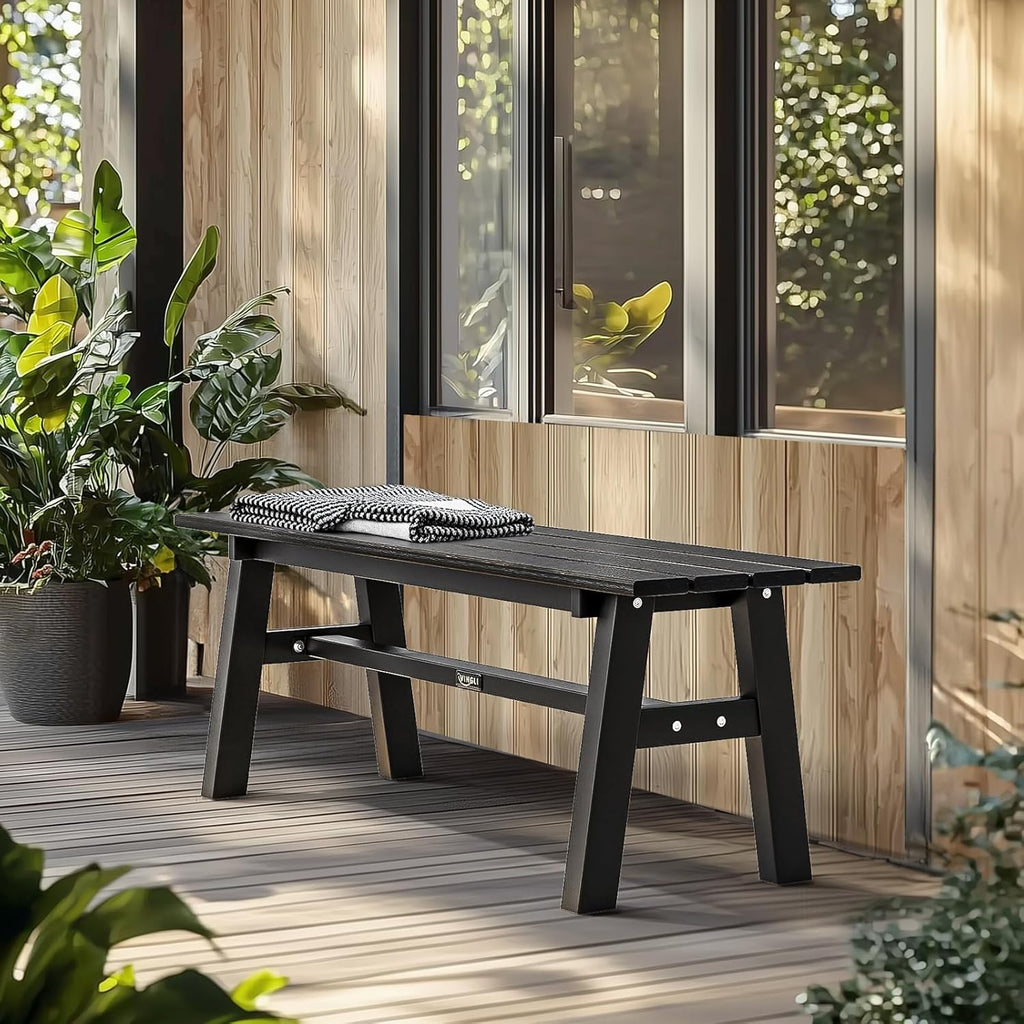 VINGLI 47” Outdoor HDPE Bench, Weatherproof Garden Bench w/Metal Legs, Poly Lumber Porch Benches, 660 LBS Capacity Outdoor Backless Patio Benches for Entryway Deck (Black)