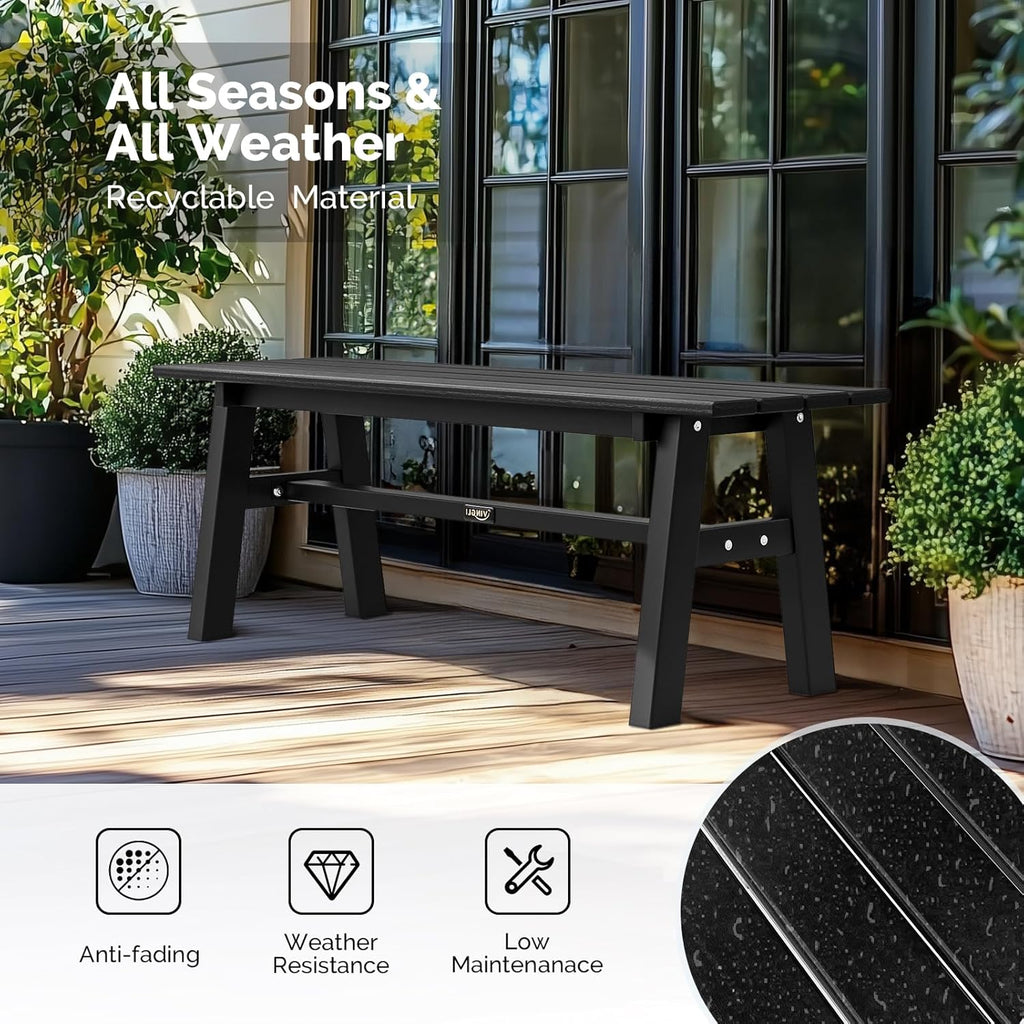 VINGLI 47” Outdoor HDPE Bench, Weatherproof Garden Bench w/Metal Legs, Poly Lumber Porch Benches, 660 LBS Capacity Outdoor Backless Patio Benches for Entryway Deck (Black)