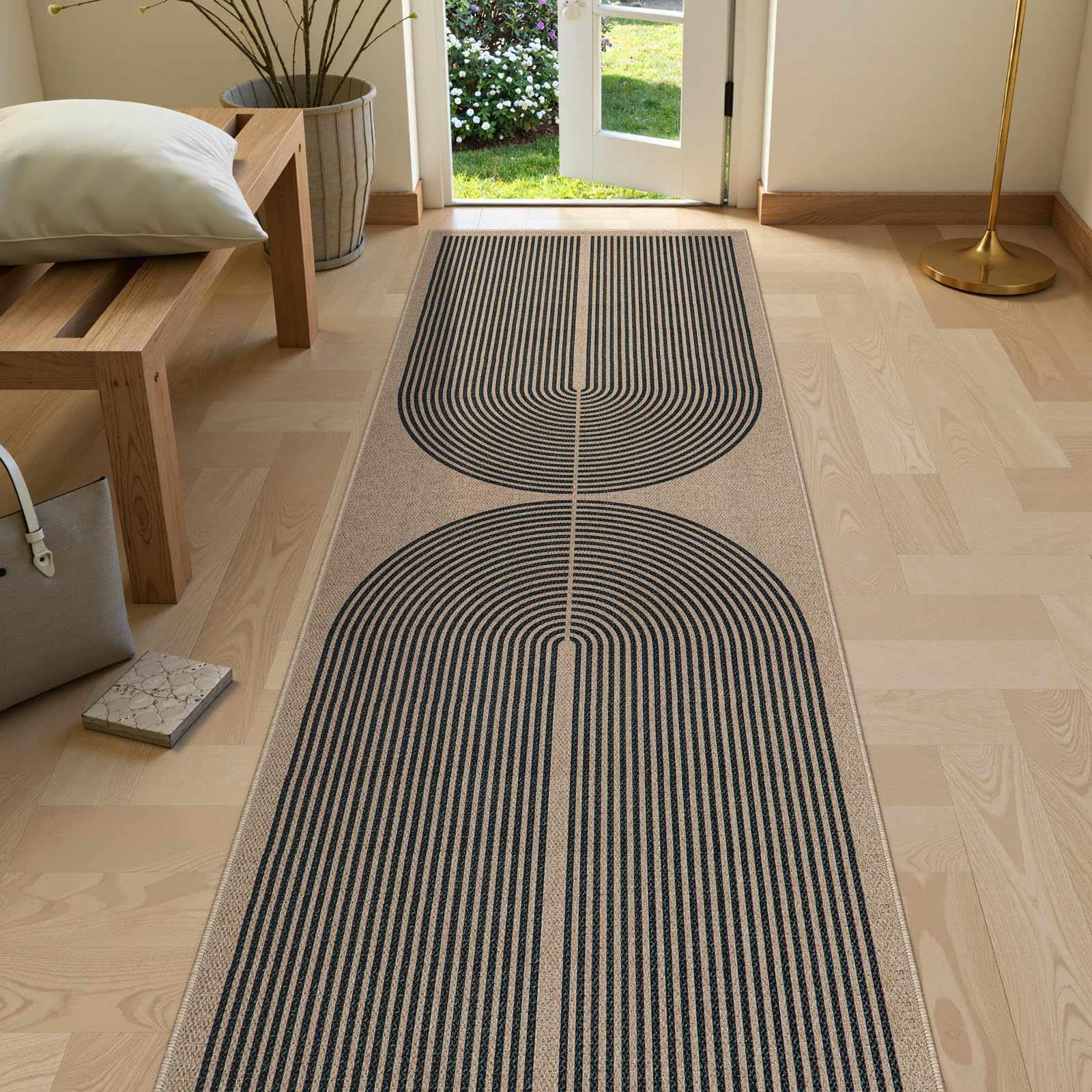 Lahome Enfys Modern Rainbow Easy Jute Outdoor Patio Rug, 3x5 Black Washable Rugs for Entryway Office Farmhouse Classroom Carpet, Contemporary Non Slip Front Door Mat for Porch Guestroom Room Decor