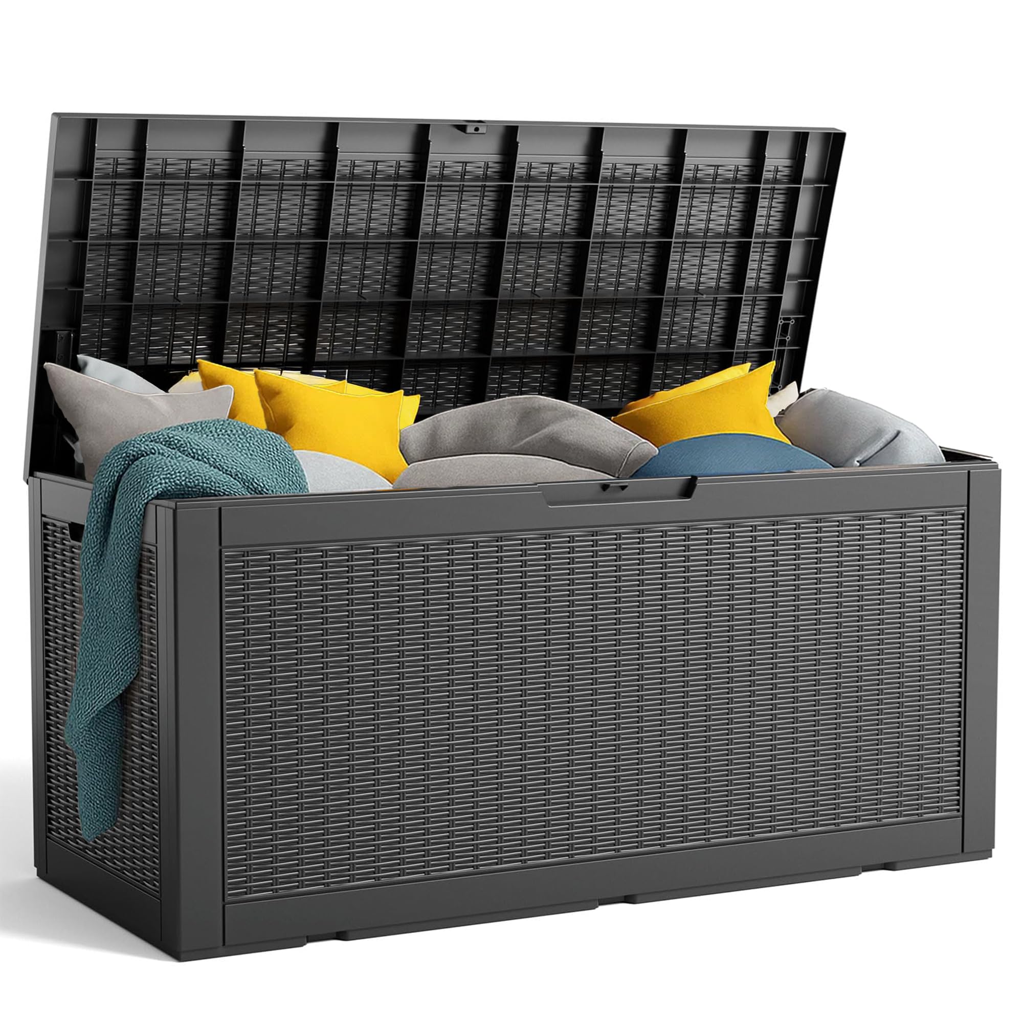 PatioZen 90 Gallon Resin Deck Box, Lockable Patio Outdoor Storage Box for Furniture, Garden Tools and Tools Storage, Waterproof Outside Storage Box - Black
