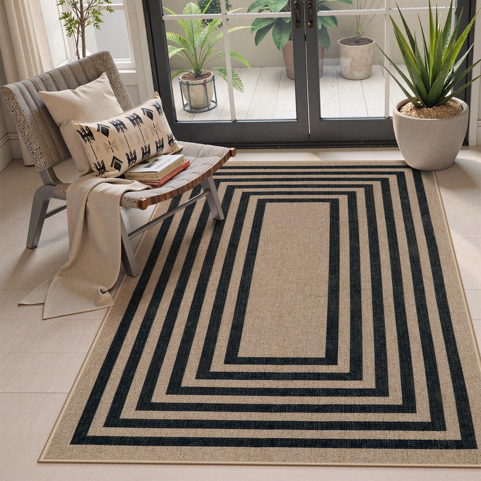 Lahome Enfys Modern Rainbow Easy Jute Outdoor Patio Rug, 3x5 Black Washable Rugs for Entryway Office Farmhouse Classroom Carpet, Contemporary Non Slip Front Door Mat for Porch Guestroom Room Decor