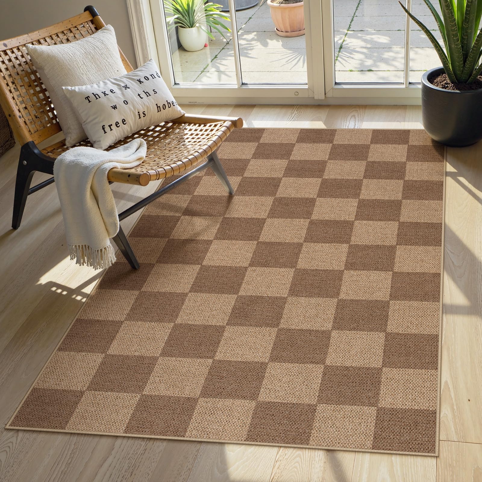 Lahome Colette Checkered Easy Jute 3x5 Outdoor Patio Rug, Washable Rugs for Entryway Diamond Indoor Outdoor Living Room Carpet, Farmhouse Neutral Non Slip Black Door Carpet for Backyard Bedroom