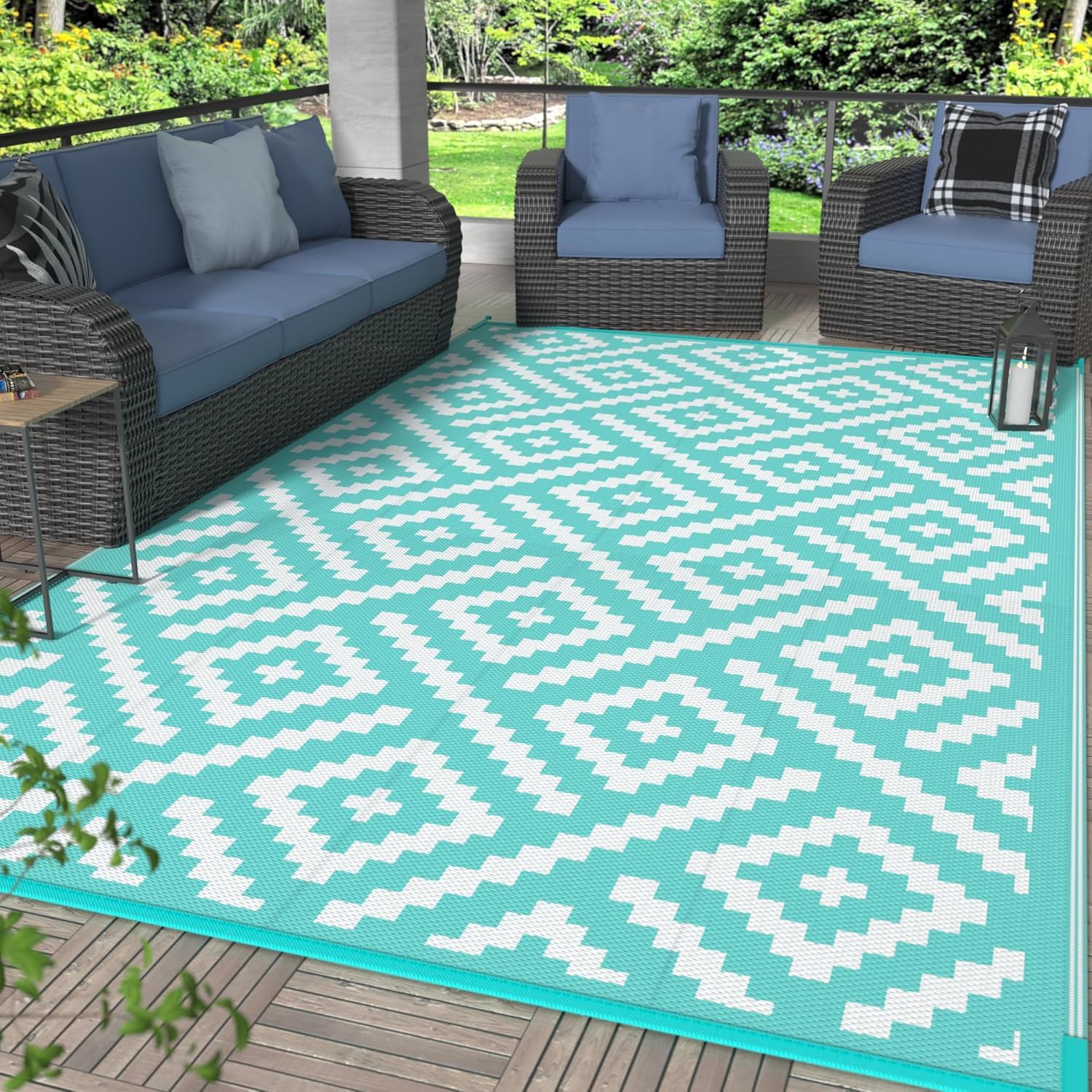 GENIMO 5x8 Outdoor Rug Waterproof, Reversible Mats, Area Rug, Plastic Outside Carpet, Geometric Rv Mat for Patio Camping Rv Picnic Backyard Deck Balcony Porch Beach Trailer (Black & Beige)