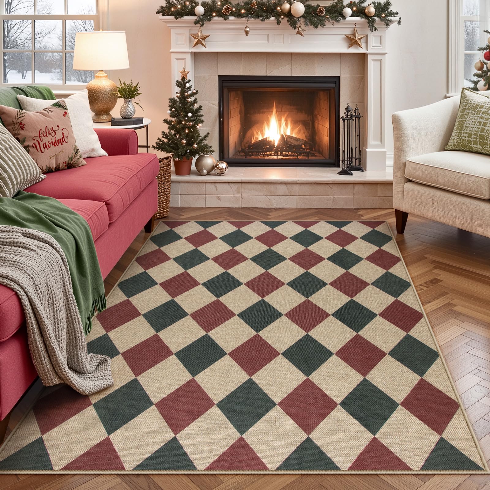 Lahome Colette Checkered Easy Jute 3x5 Outdoor Patio Rug, Washable Rugs for Entryway Diamond Indoor Outdoor Living Room Carpet, Farmhouse Neutral Non Slip Black Door Carpet for Backyard Bedroom