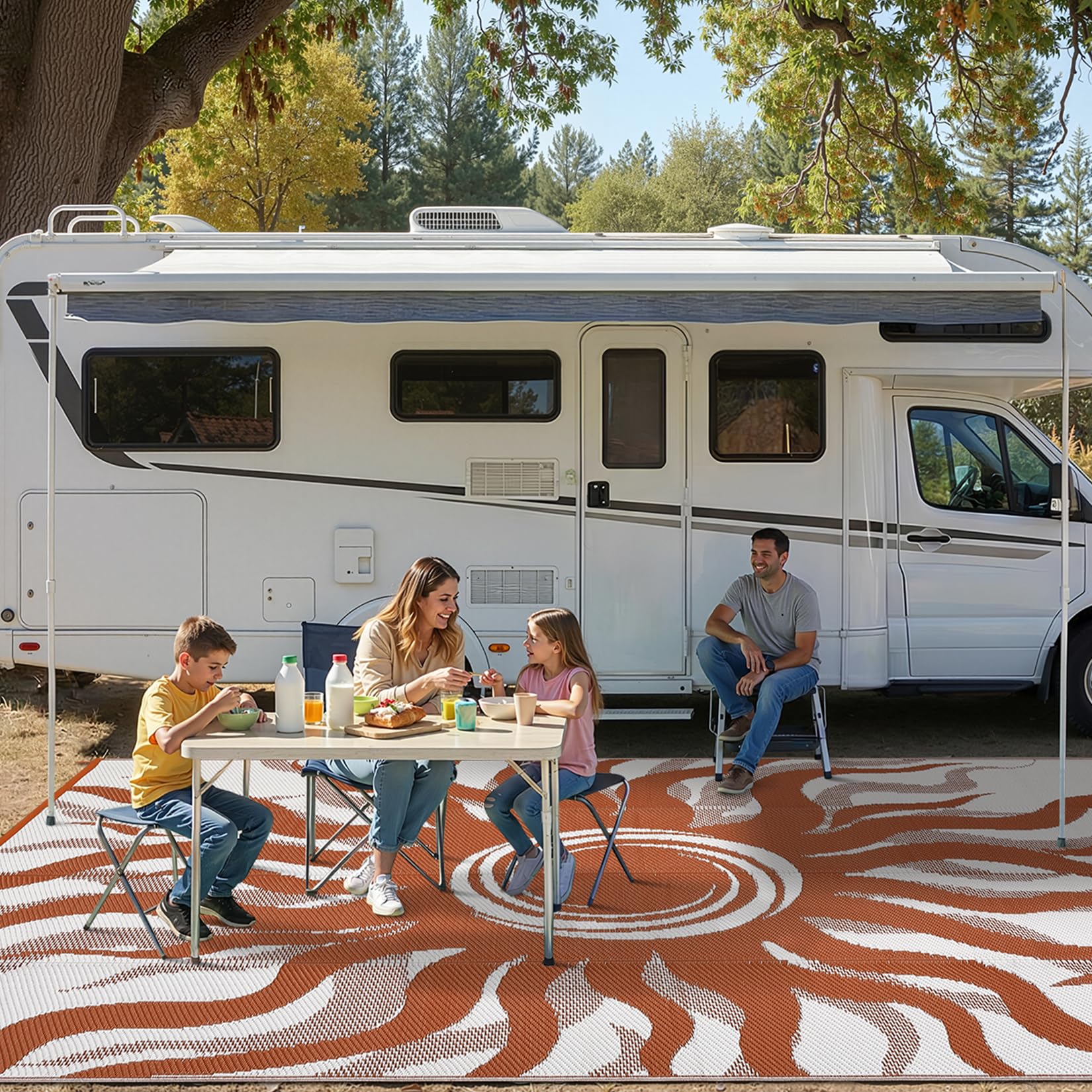 Garvee Outdoor Rug 5x8 Waterproof Patio Rugs with Boho Sun Pattern, Reversible Plastic Straw Camping Rugs Outdoor Indoor RV Mat Carpet for Deck, Backyard, Picnic, Porch, Balcony, Beach, Orange