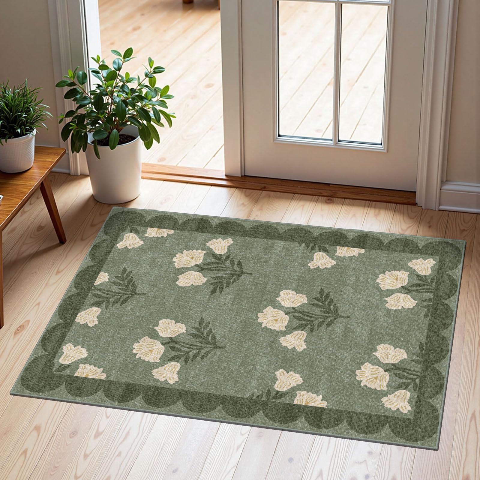 3x5 Floral Entry Rug - Small Washable Indoor Outdoor Mats for Front Door Non-Slip Porch Rug Beige Vintage Farmhouse Throw Rugs for Living Room Bedroom Entryway Kitchen Office Porch Decor