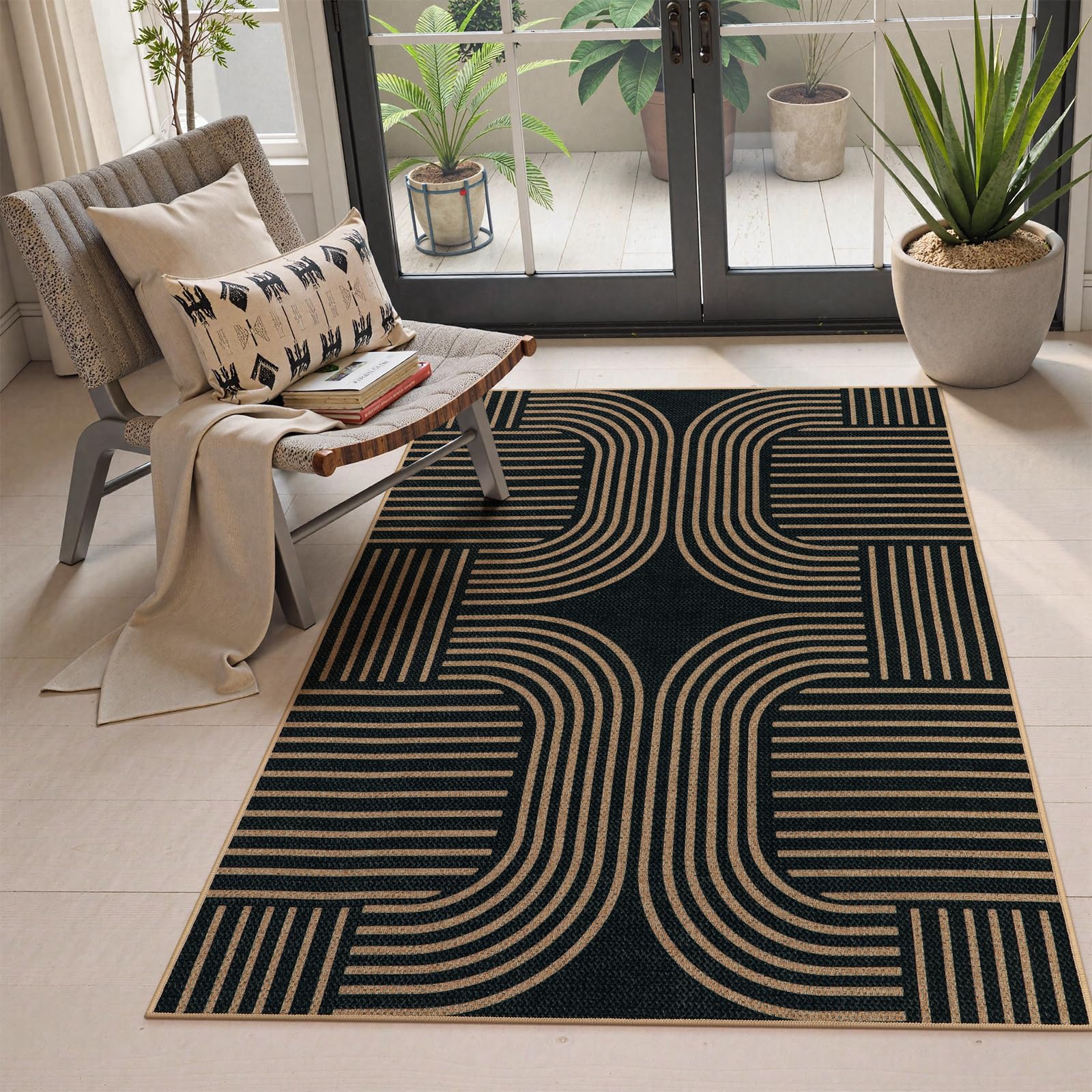 Lahome Enfys Modern Rainbow Easy Jute Outdoor Patio Rug, 3x5 Black Washable Rugs for Entryway Office Farmhouse Classroom Carpet, Contemporary Non Slip Front Door Mat for Porch Guestroom Room Decor