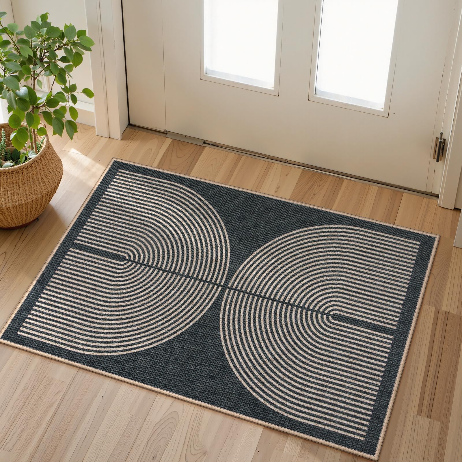 Lahome Enfys Modern Rainbow Easy Jute Outdoor Patio Rug, 3x5 Black Washable Rugs for Entryway Office Farmhouse Classroom Carpet, Contemporary Non Slip Front Door Mat for Porch Guestroom Room Decor