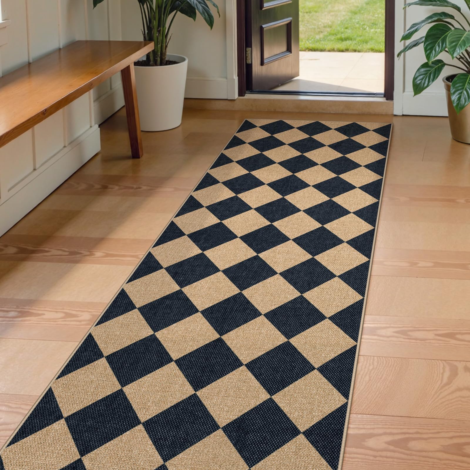 Lahome Colette Checkered Easy Jute 3x5 Outdoor Patio Rug, Washable Rugs for Entryway Diamond Indoor Outdoor Living Room Carpet, Farmhouse Neutral Non Slip Black Door Carpet for Backyard Bedroom