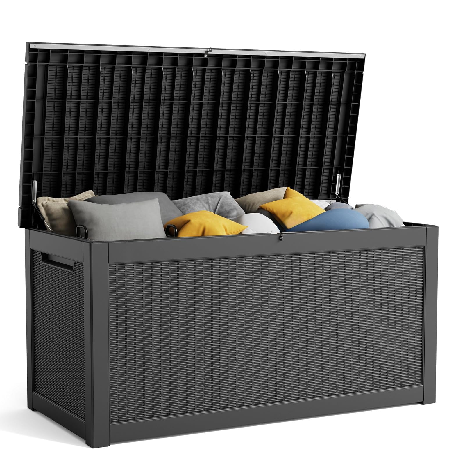 PatioZen 90 Gallon Resin Deck Box, Lockable Patio Outdoor Storage Box for Furniture, Garden Tools and Tools Storage, Waterproof Outside Storage Box - Black