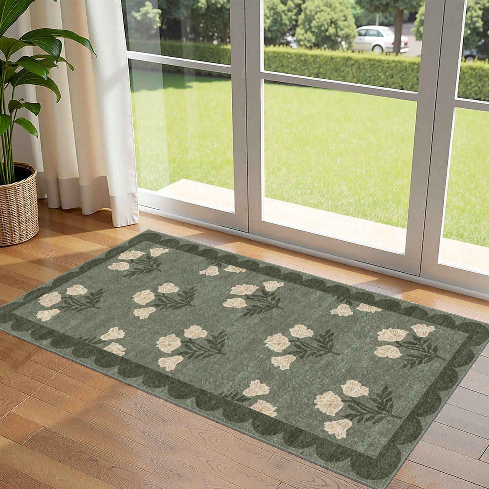 3x5 Floral Entry Rug - Small Washable Indoor Outdoor Mats for Front Door Non-Slip Porch Rug Beige Vintage Farmhouse Throw Rugs for Living Room Bedroom Entryway Kitchen Office Porch Decor