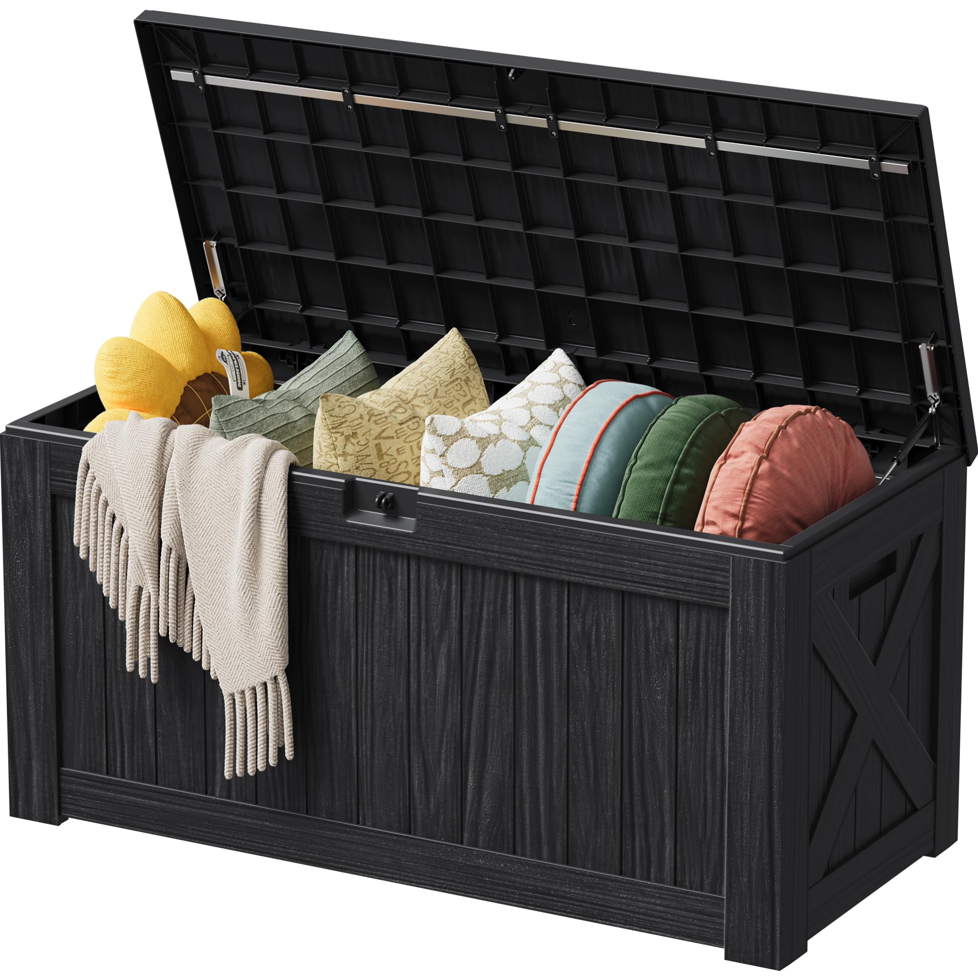 Devoko 100 Gallon Waterproof Large Resin Deck Box Indoor Outdoor Lockable Storage Container for Patio Furniture Cushions Garden Tools (100 Gallon, Black)