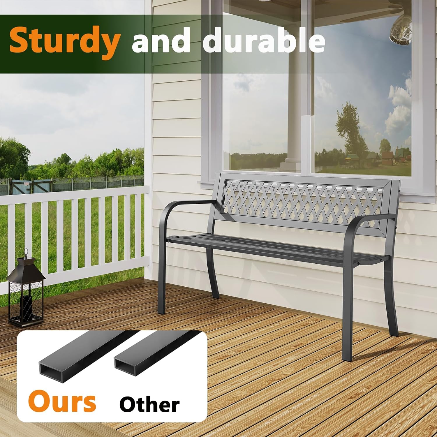 Outdoor Bench, Garden Patio Park Entryway Metal Bench with Comfortable Backrest, Sturdy Heavy Duty Loveseat Front Porch Backyard Lawn Furniture for Outside