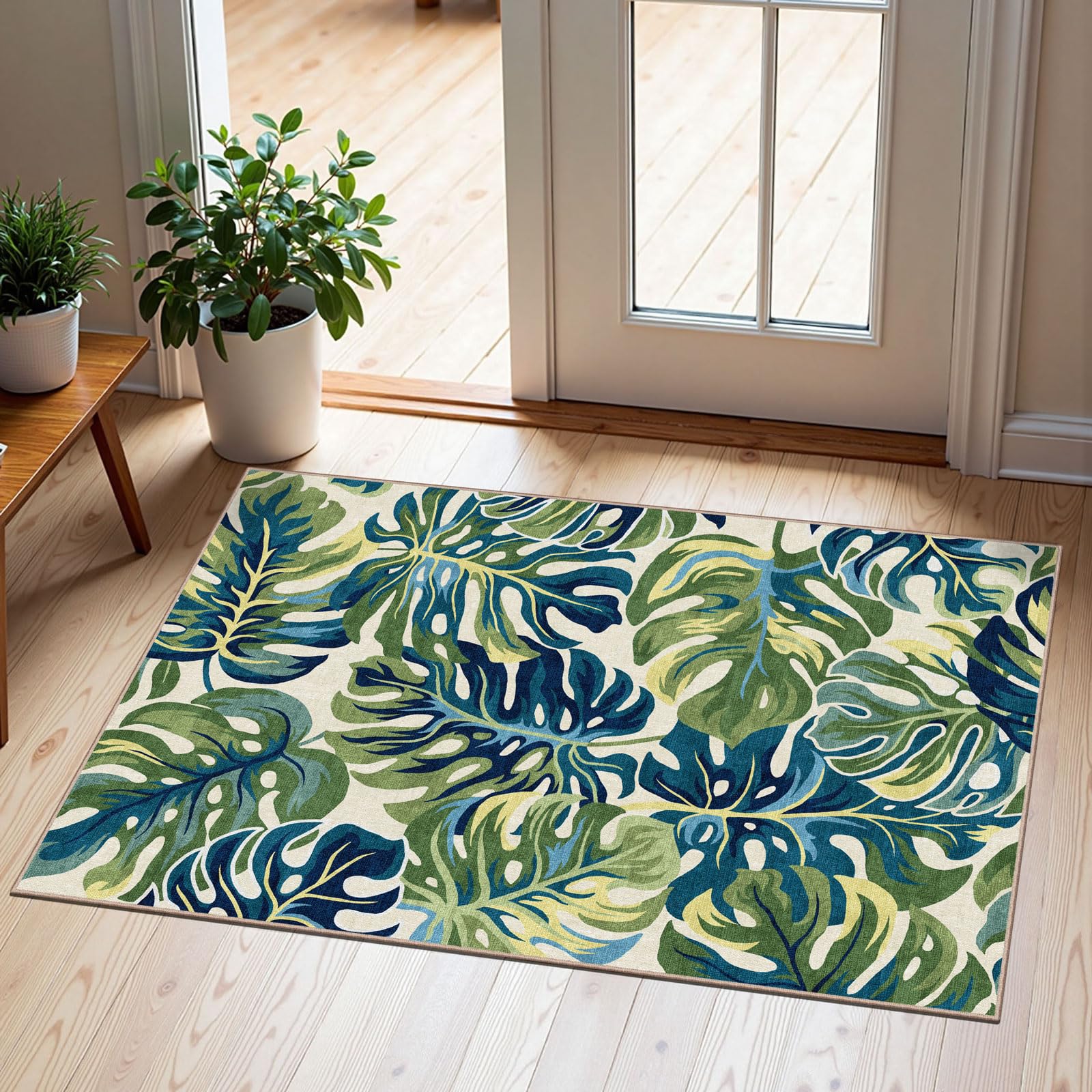 3x5 Floral Entry Rug - Small Washable Indoor Outdoor Mats for Front Door Non-Slip Porch Rug Beige Vintage Farmhouse Throw Rugs for Living Room Bedroom Entryway Kitchen Office Porch Decor