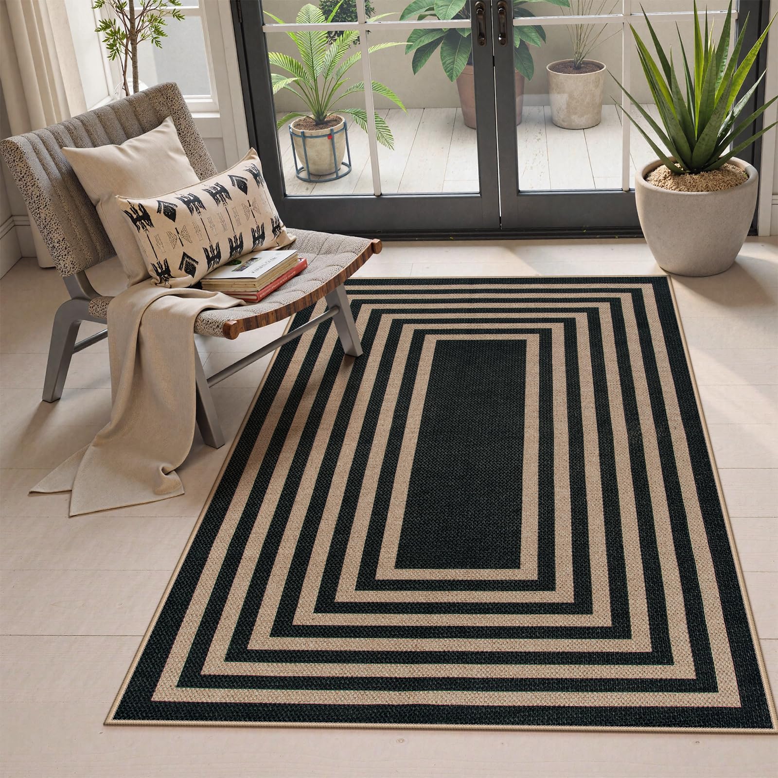 Lahome Enfys Modern Rainbow Easy Jute Outdoor Patio Rug, 3x5 Black Washable Rugs for Entryway Office Farmhouse Classroom Carpet, Contemporary Non Slip Front Door Mat for Porch Guestroom Room Decor