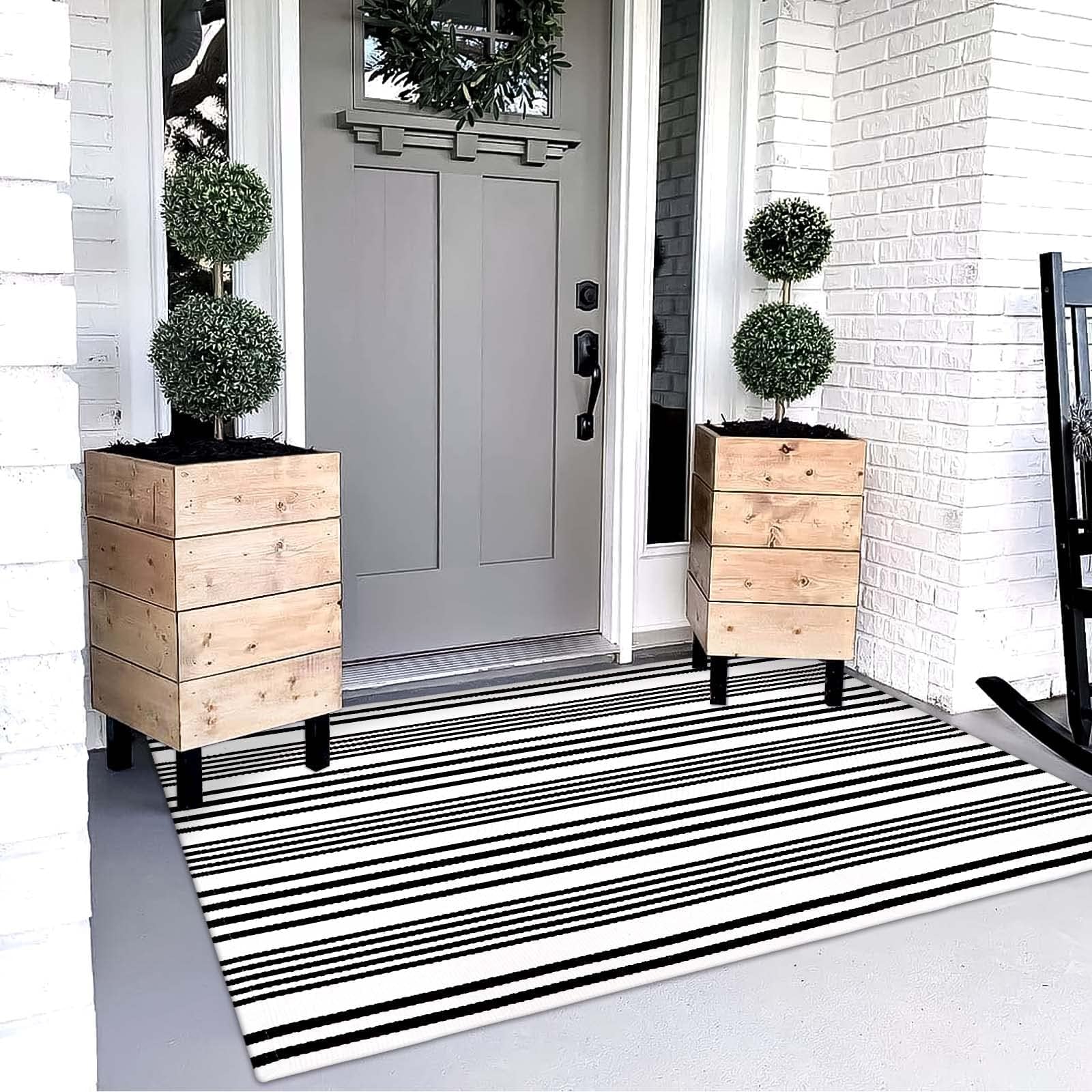 OJIA Outdoor Rug 3'x5', Black and Tan Area Rug Machine Washable Rugs Cotton Hand Woven Entry Rug Indoor Outdoor Striped Carpet for Front Porch/Deck/Backyard/Camping/Outdoor Decor