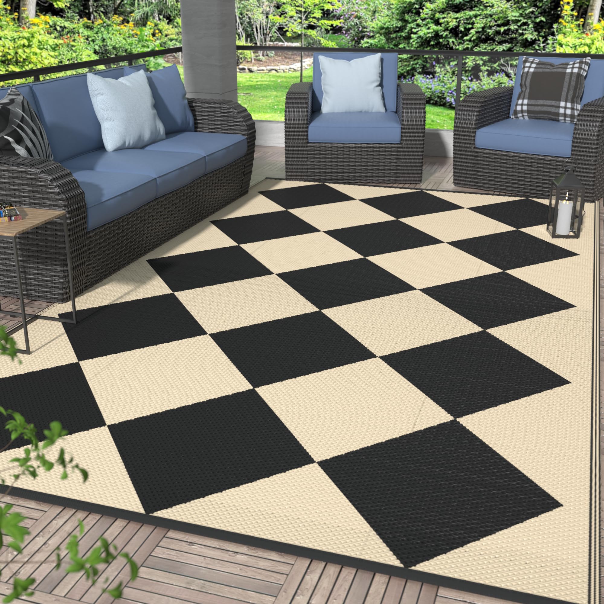 GENIMO 5x8 Outdoor Rug Waterproof, Reversible Mats, Area Rug, Plastic Outside Carpet, Geometric Rv Mat for Patio Camping Rv Picnic Backyard Deck Balcony Porch Beach Trailer (Black & Beige)