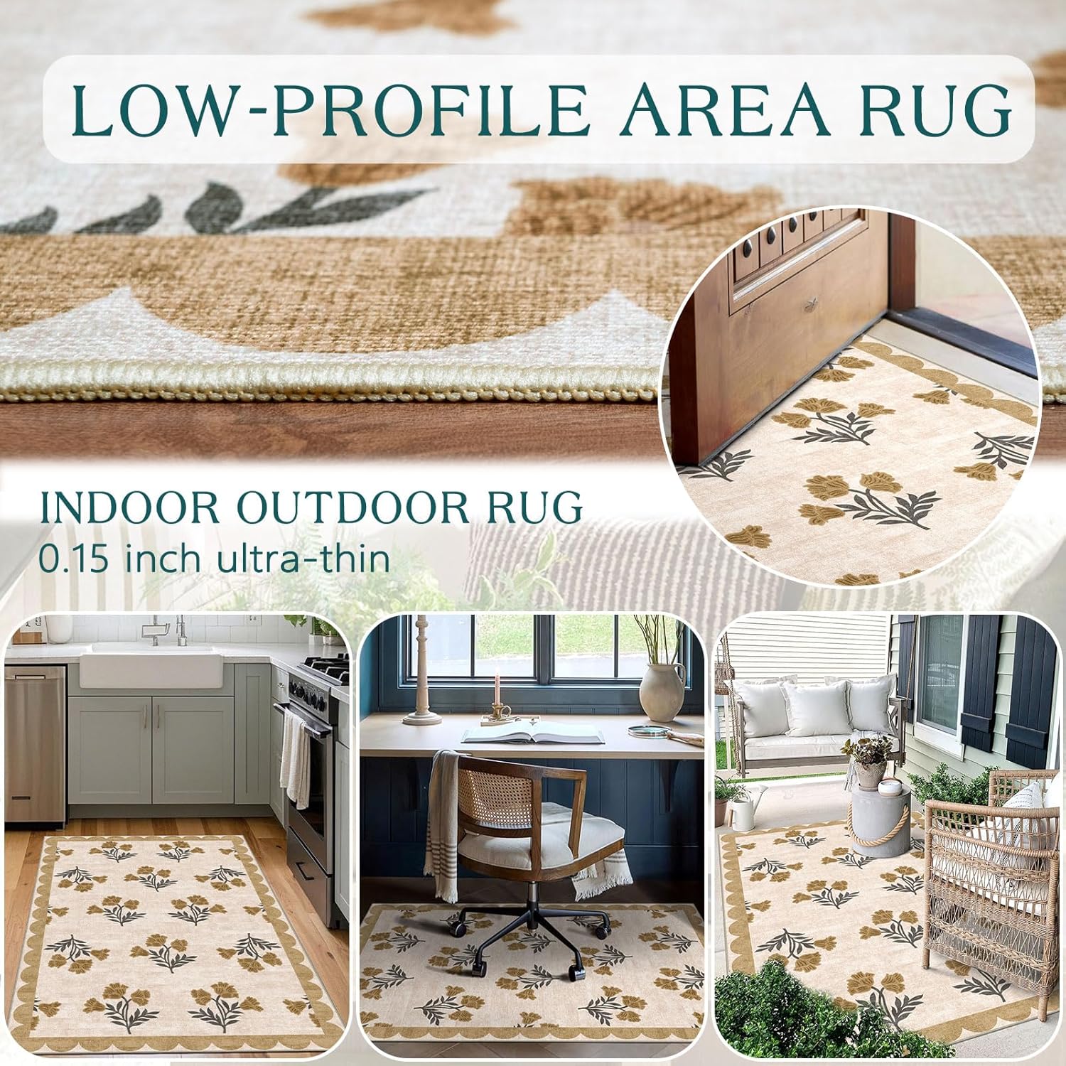 3x5 Floral Entry Rug - Small Washable Indoor Outdoor Mats for Front Door Non-Slip Porch Rug Beige Vintage Farmhouse Throw Rugs for Living Room Bedroom Entryway Kitchen Office Porch Decor