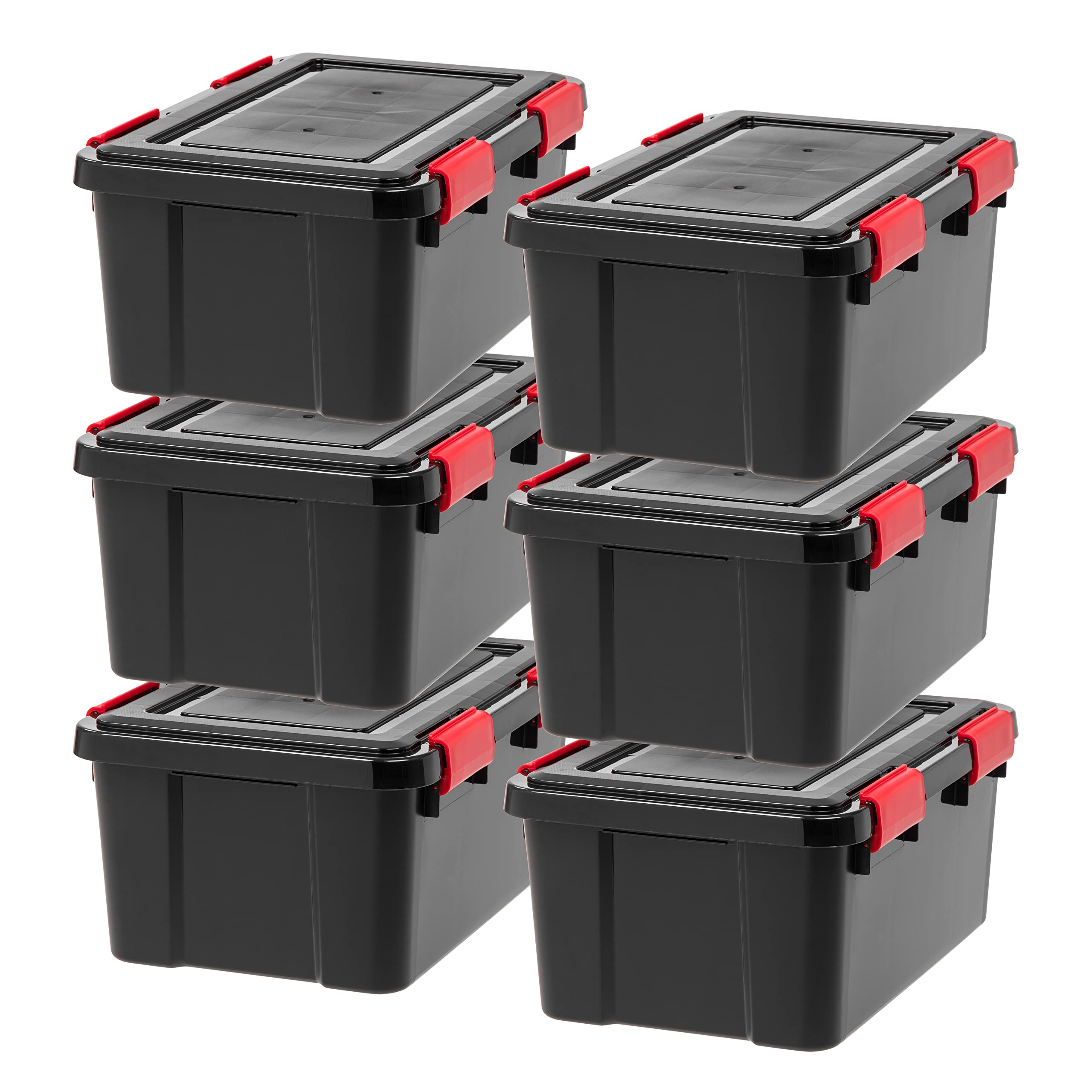 IRIS USA WeatherPro 74 Qt Storage Bins with Lids, 4 Pack, BPA-Free Plastic Gasket Box with Tight Latch and Seal, Stackable Nestable Tote Tub - Black/Red