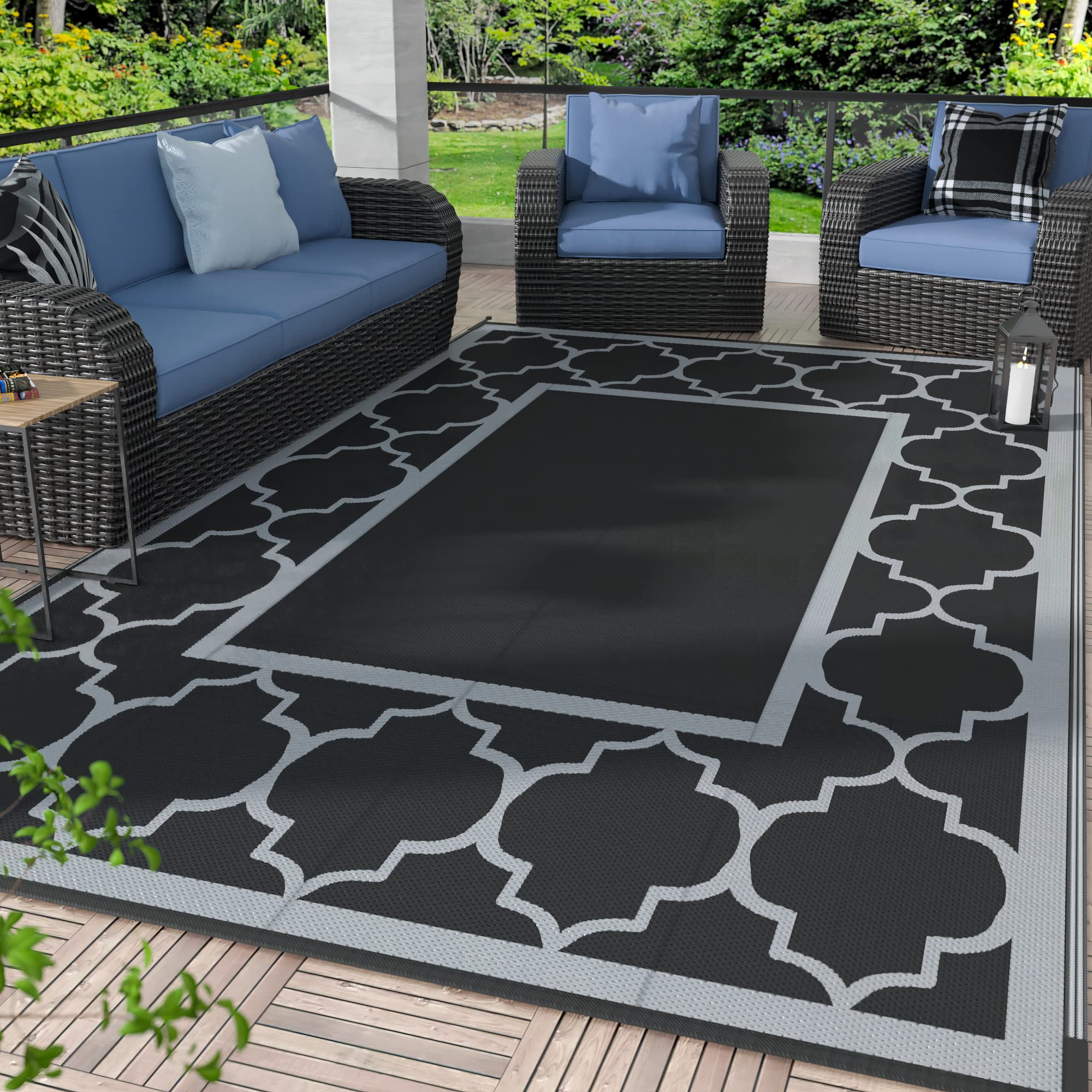 GENIMO 5' x 8' Outdoor Rug Waterproof for Patio Decor, Foldable Reversible Plastic Straw Area Rugs Mat for Camper, Outside Carpet for Rv, Deck, Porch, Picnic, Beach, Balcony, Blue & White