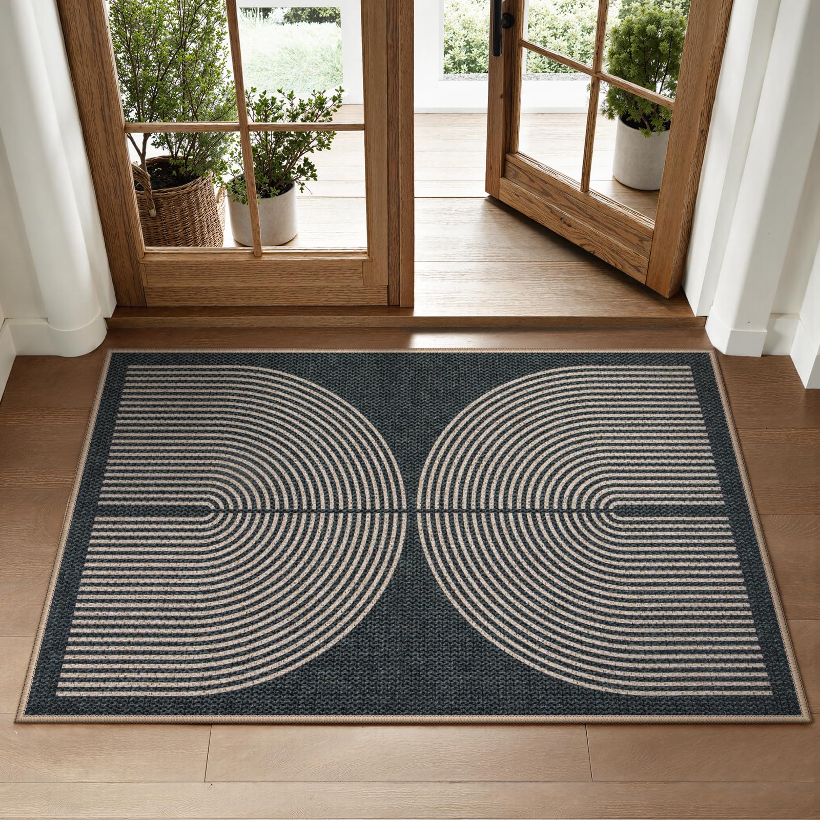 Lahome Enfys Modern Rainbow Easy Jute Outdoor Patio Rug, 3x5 Black Washable Rugs for Entryway Office Farmhouse Classroom Carpet, Contemporary Non Slip Front Door Mat for Porch Guestroom Room Decor
