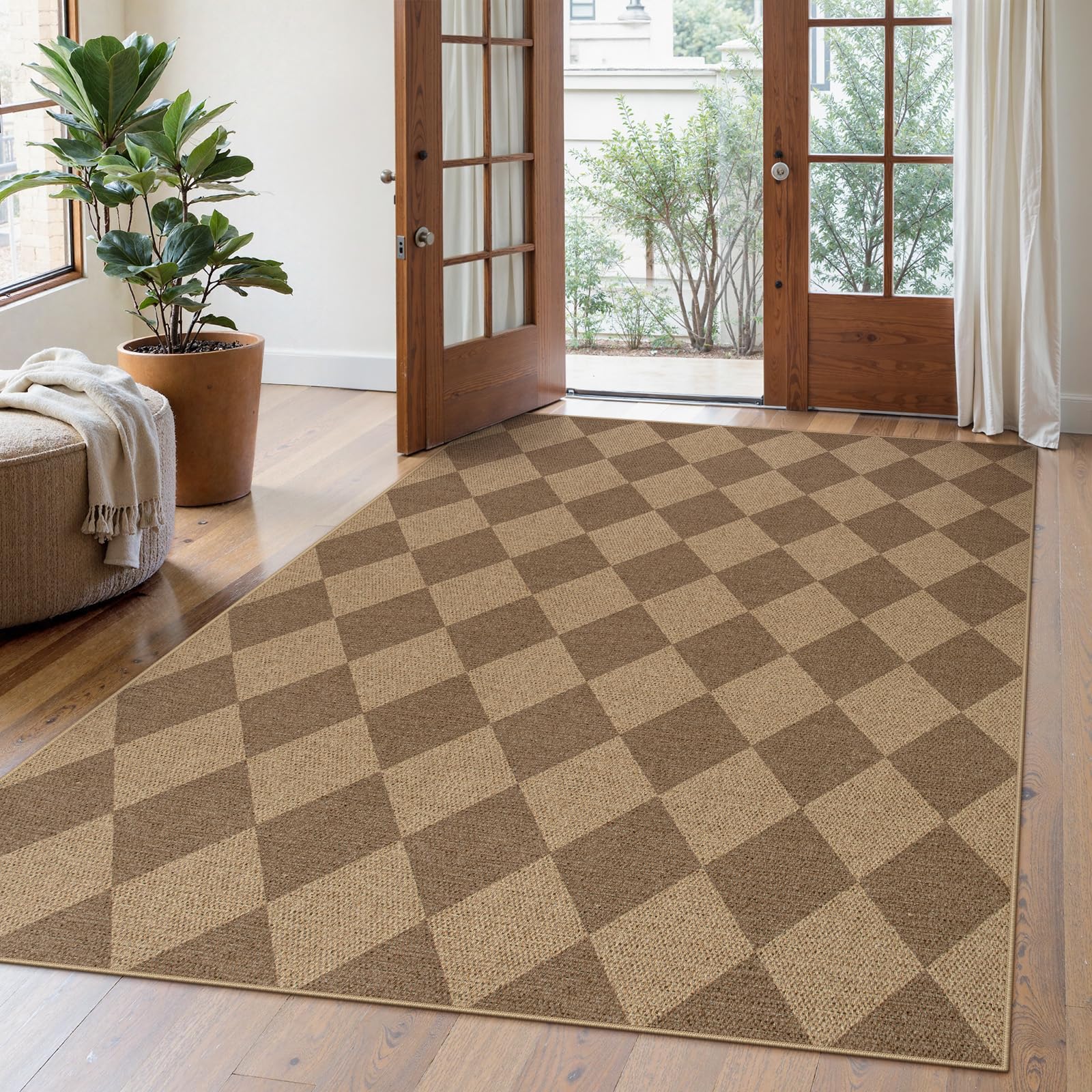 Lahome Colette Checkered Easy Jute 3x5 Outdoor Patio Rug, Washable Rugs for Entryway Diamond Indoor Outdoor Living Room Carpet, Farmhouse Neutral Non Slip Black Door Carpet for Backyard Bedroom