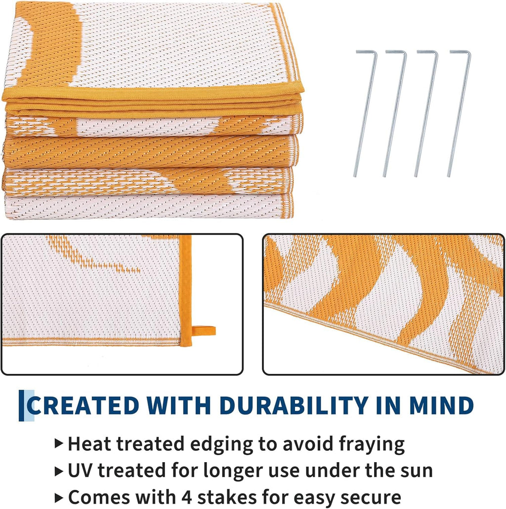 Garvee Outdoor Rug 5x8 Waterproof Patio Rugs with Boho Sun Pattern, Reversible Plastic Straw Camping Rugs Outdoor Indoor RV Mat Carpet for Deck, Backyard, Picnic, Porch, Balcony, Beach, Orange