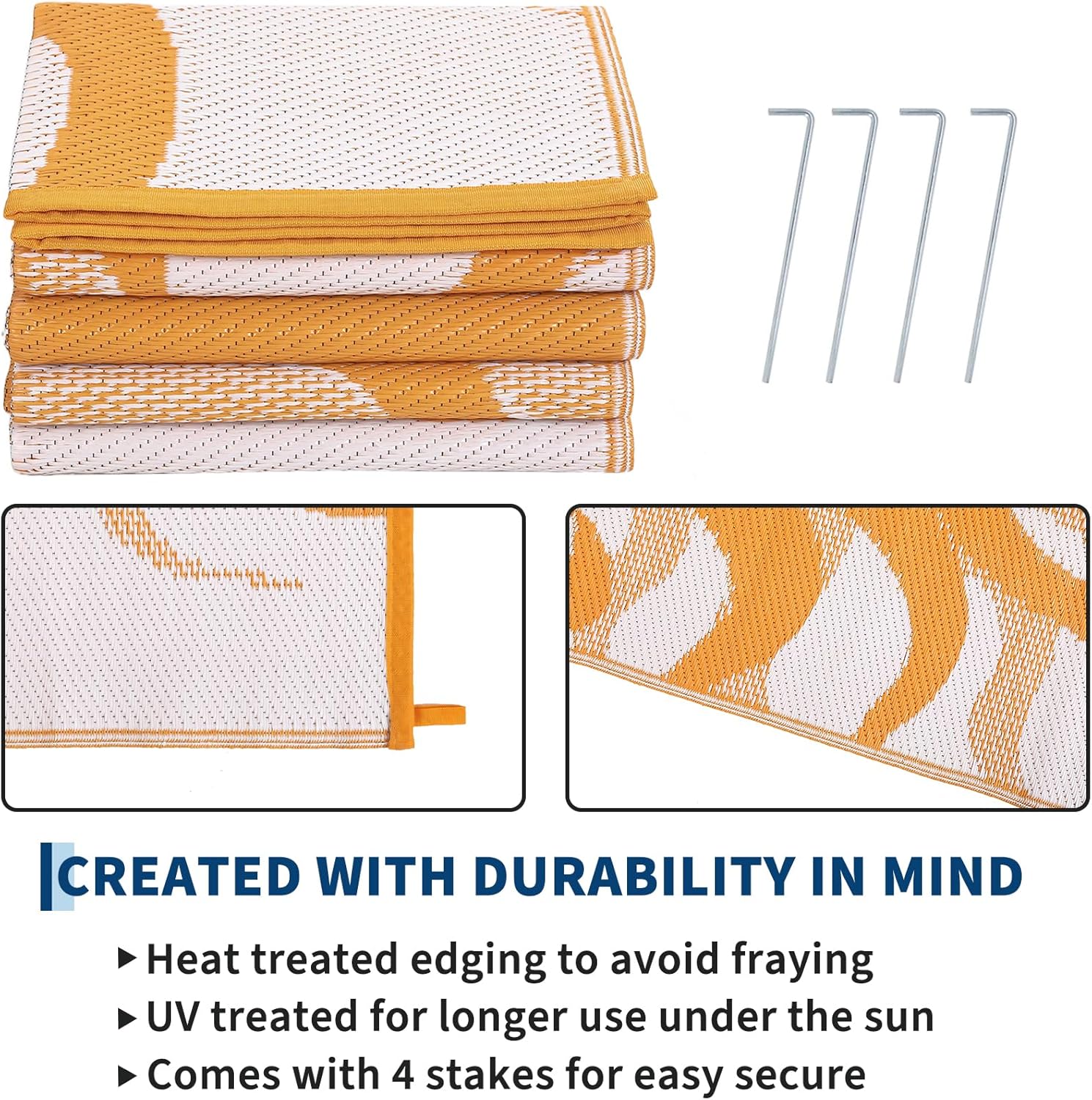 Garvee Outdoor Rug 5x8 Waterproof Patio Rugs with Boho Sun Pattern, Reversible Plastic Straw Camping Rugs Outdoor Indoor RV Mat Carpet for Deck, Backyard, Picnic, Porch, Balcony, Beach, Orange