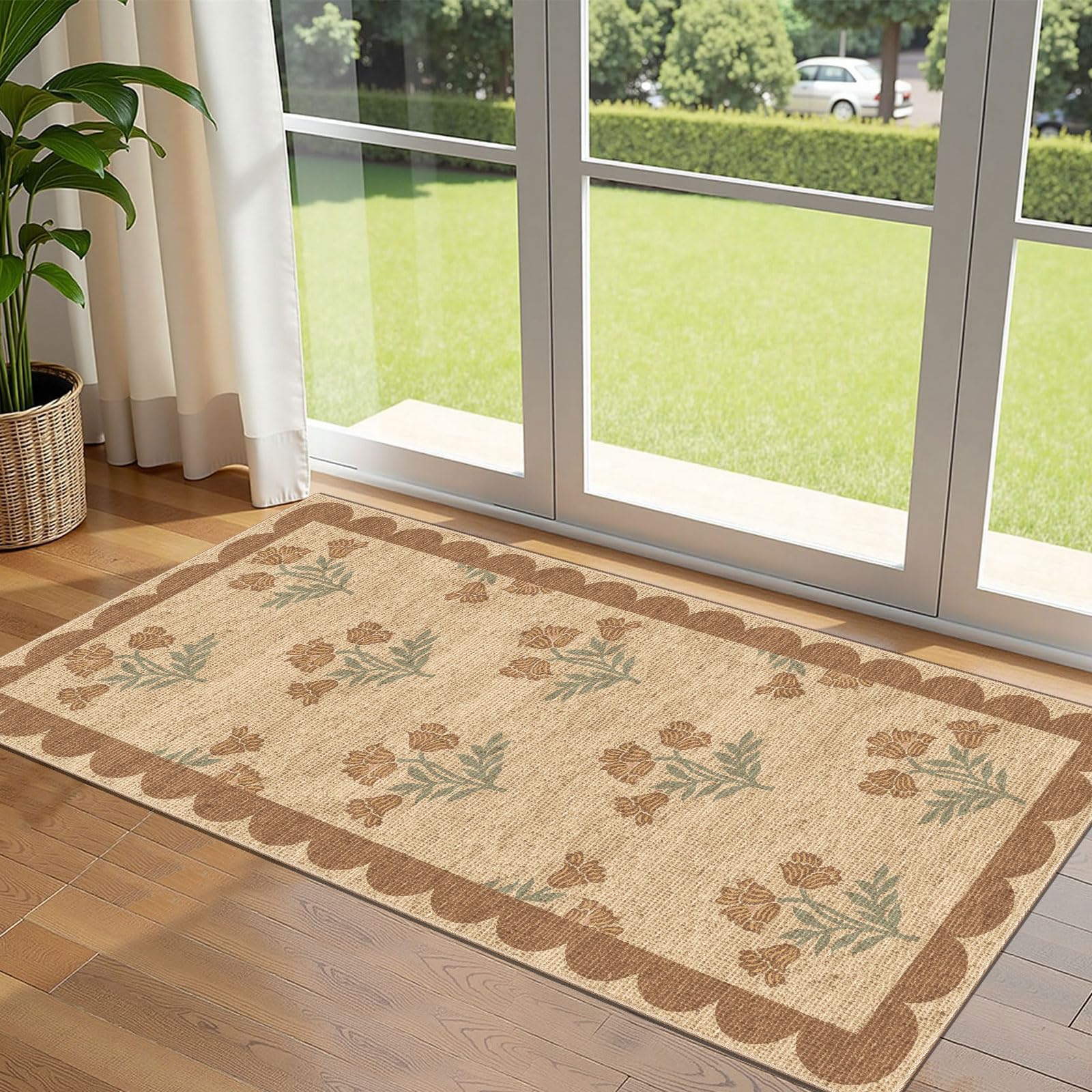 3x5 Floral Entry Rug - Small Washable Indoor Outdoor Mats for Front Door Non-Slip Porch Rug Beige Vintage Farmhouse Throw Rugs for Living Room Bedroom Entryway Kitchen Office Porch Decor