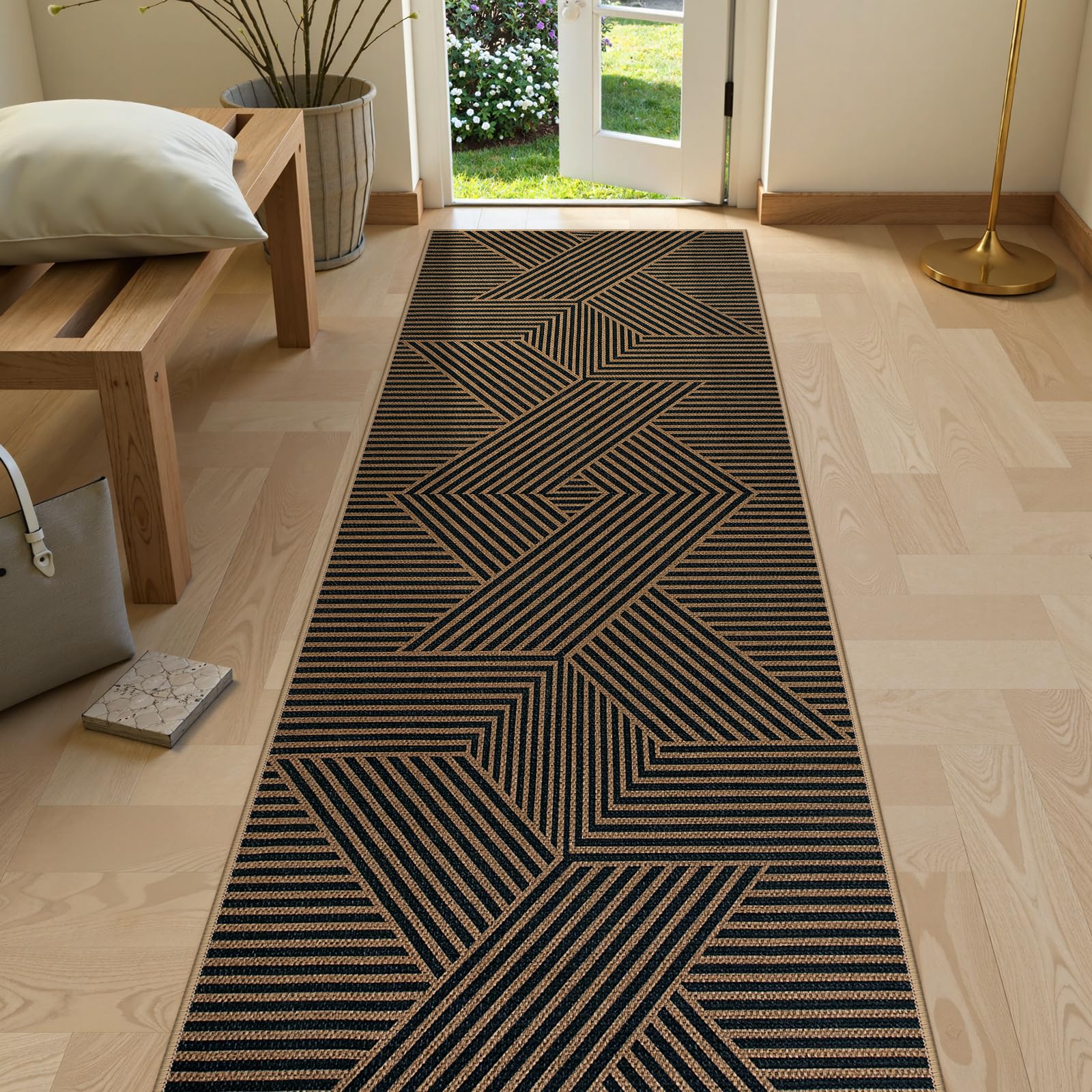 Lahome Enfys Modern Rainbow Easy Jute Outdoor Patio Rug, 3x5 Black Washable Rugs for Entryway Office Farmhouse Classroom Carpet, Contemporary Non Slip Front Door Mat for Porch Guestroom Room Decor