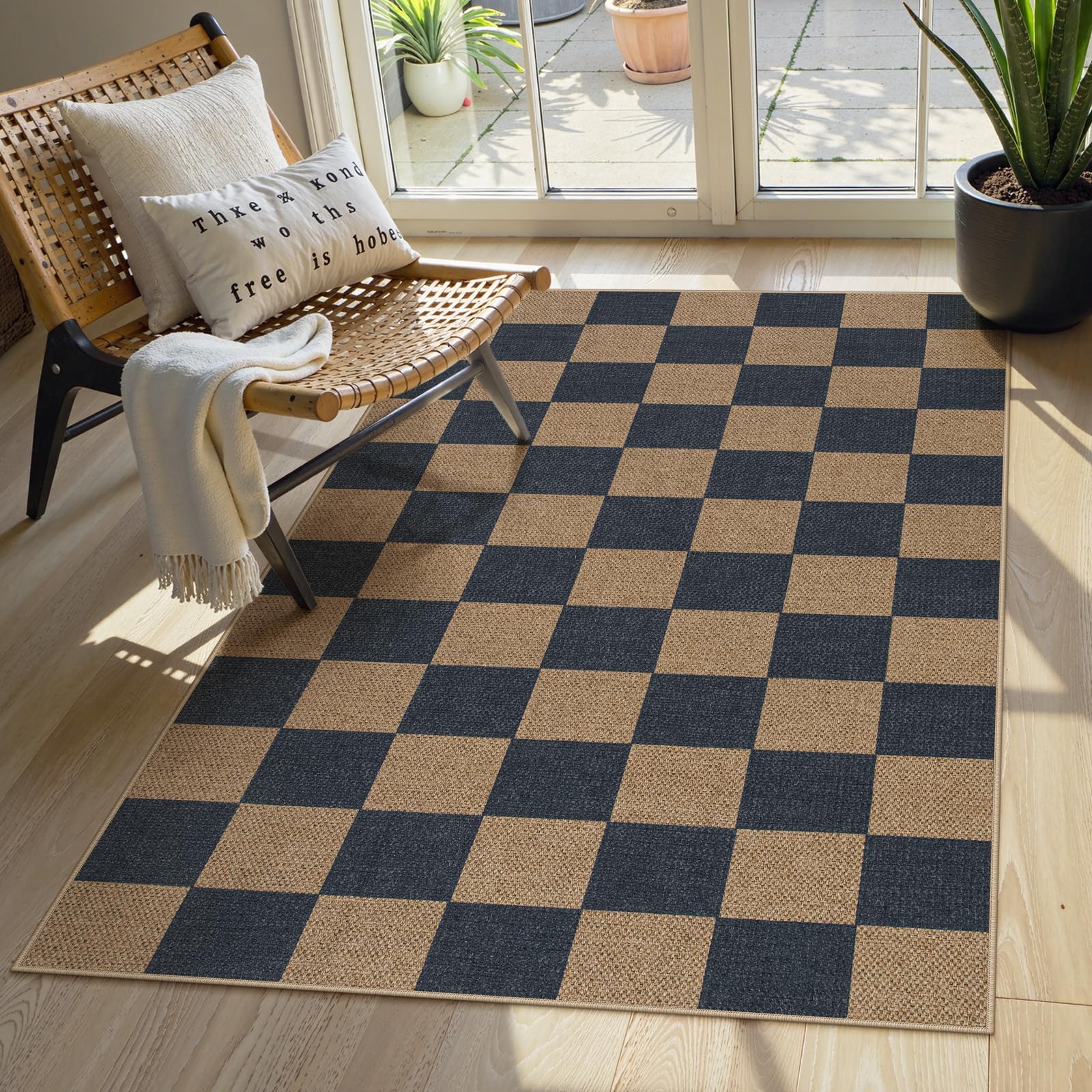 Lahome Colette Checkered Easy Jute 3x5 Outdoor Patio Rug, Washable Rugs for Entryway Diamond Indoor Outdoor Living Room Carpet, Farmhouse Neutral Non Slip Black Door Carpet for Backyard Bedroom