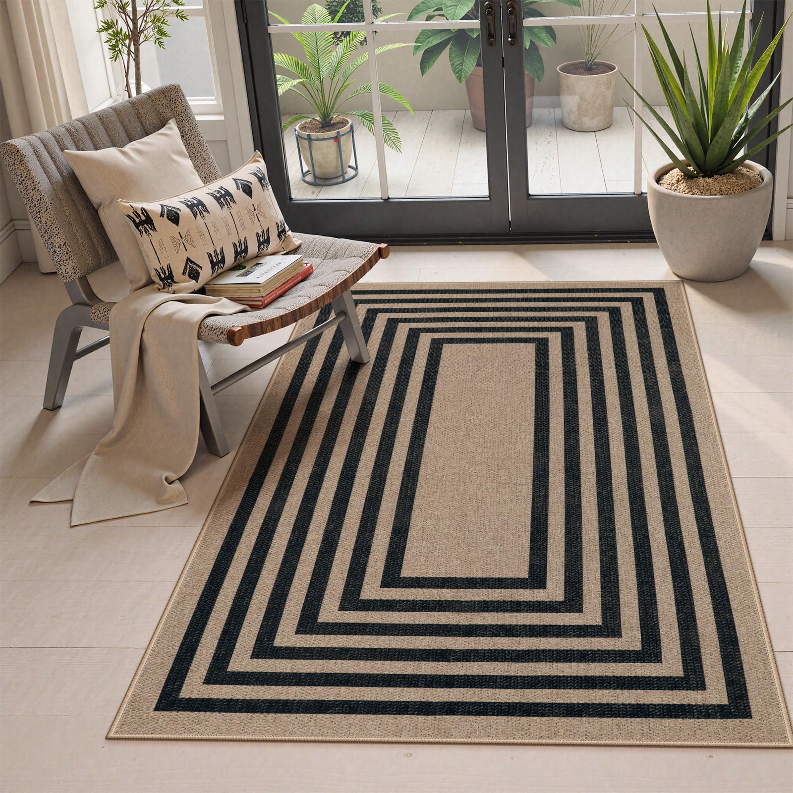 Lahome Enfys Modern Rainbow Easy Jute Outdoor Patio Rug, 3x5 Black Washable Rugs for Entryway Office Farmhouse Classroom Carpet, Contemporary Non Slip Front Door Mat for Porch Guestroom Room Decor