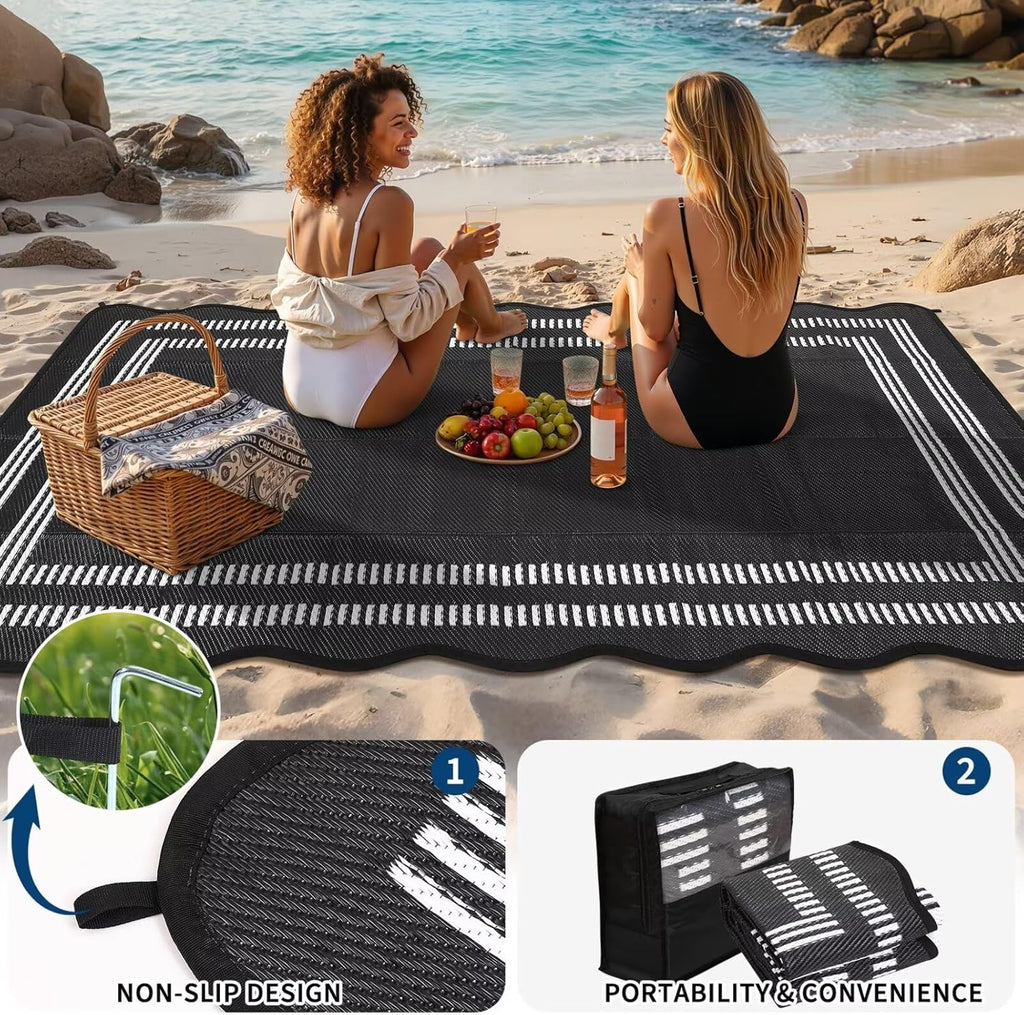 Garvee Waterproof Outdoor Rug 8x10, Scalloped Geometric Foldable Plastic Straw Patio Camping Rug, Outdoor RV Carpet for Deck Camper Porch Balcony Backyard Picnic Beach Black and White
