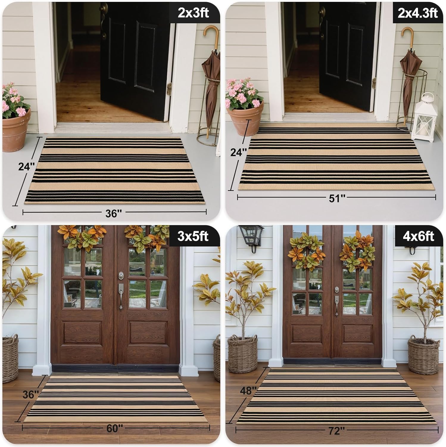 OJIA Outdoor Rug 3'x5', Black and Tan Area Rug Machine Washable Rugs Cotton Hand Woven Entry Rug Indoor Outdoor Striped Carpet for Front Porch/Deck/Backyard/Camping/Outdoor Decor