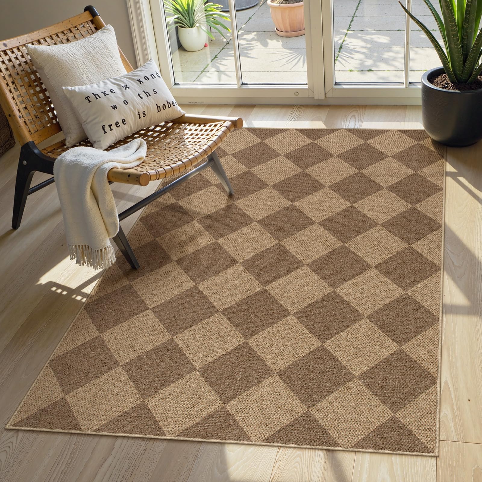 Lahome Colette Checkered Easy Jute 3x5 Outdoor Patio Rug, Washable Rugs for Entryway Diamond Indoor Outdoor Living Room Carpet, Farmhouse Neutral Non Slip Black Door Carpet for Backyard Bedroom