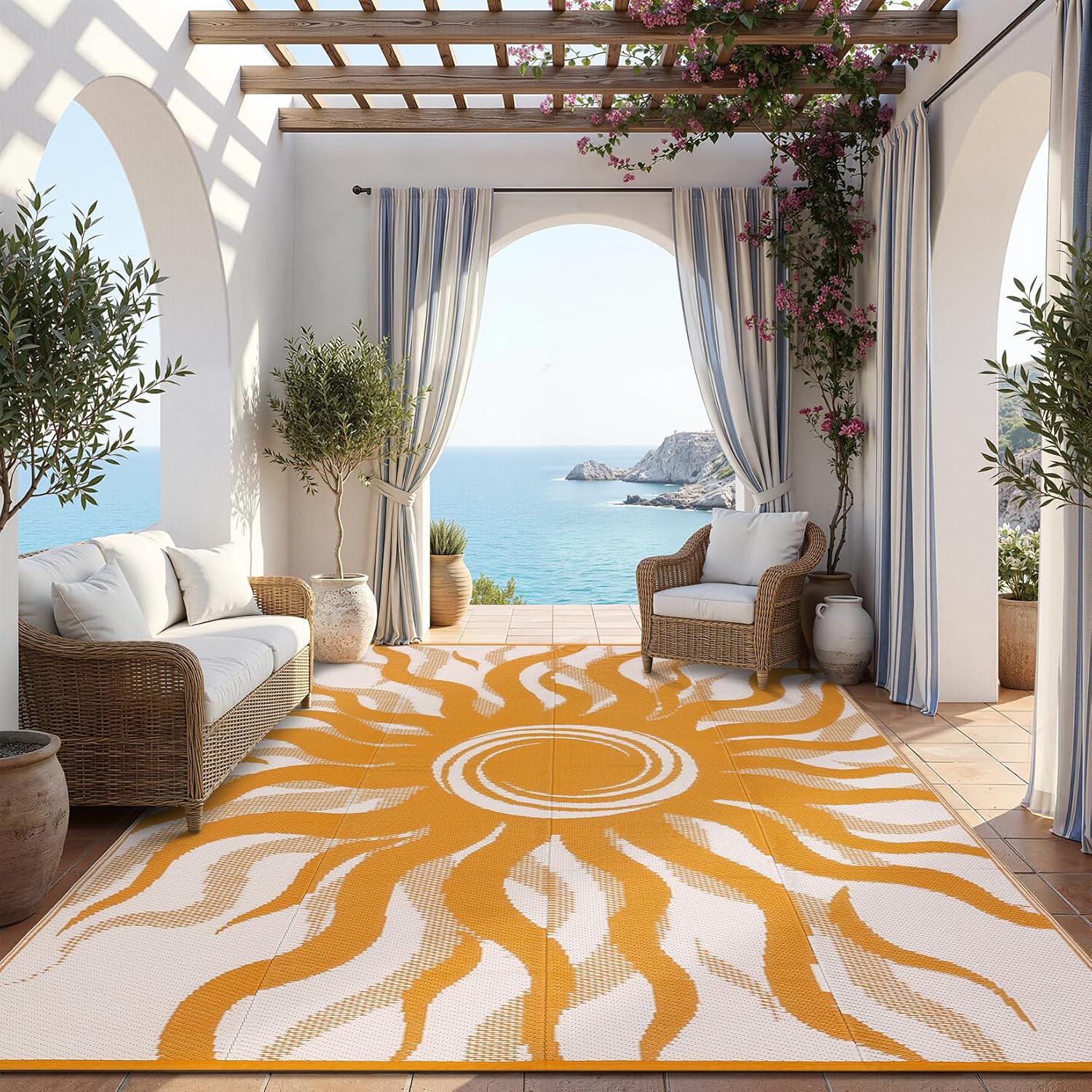 Garvee Outdoor Rug 5x8 Waterproof Patio Rugs with Boho Sun Pattern, Reversible Plastic Straw Camping Rugs Outdoor Indoor RV Mat Carpet for Deck, Backyard, Picnic, Porch, Balcony, Beach, Orange