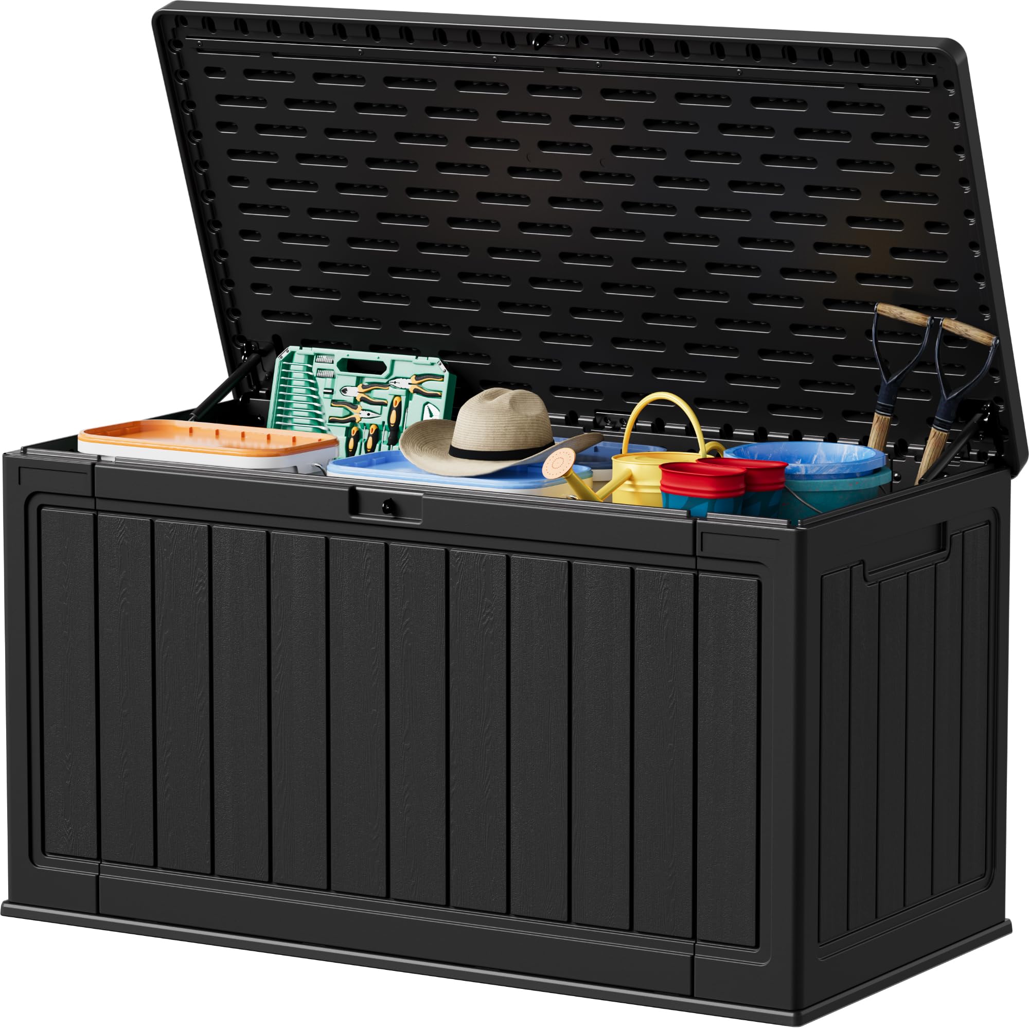 Devoko 78 Gallon Deck Box, Waterproof Resin Outdoor Storage Box for Outside and Patio, Outdoor Storage Bench Lockable for Patio Furniture, Garden Tools and Pool Supplies (Black, 78 Gallon)