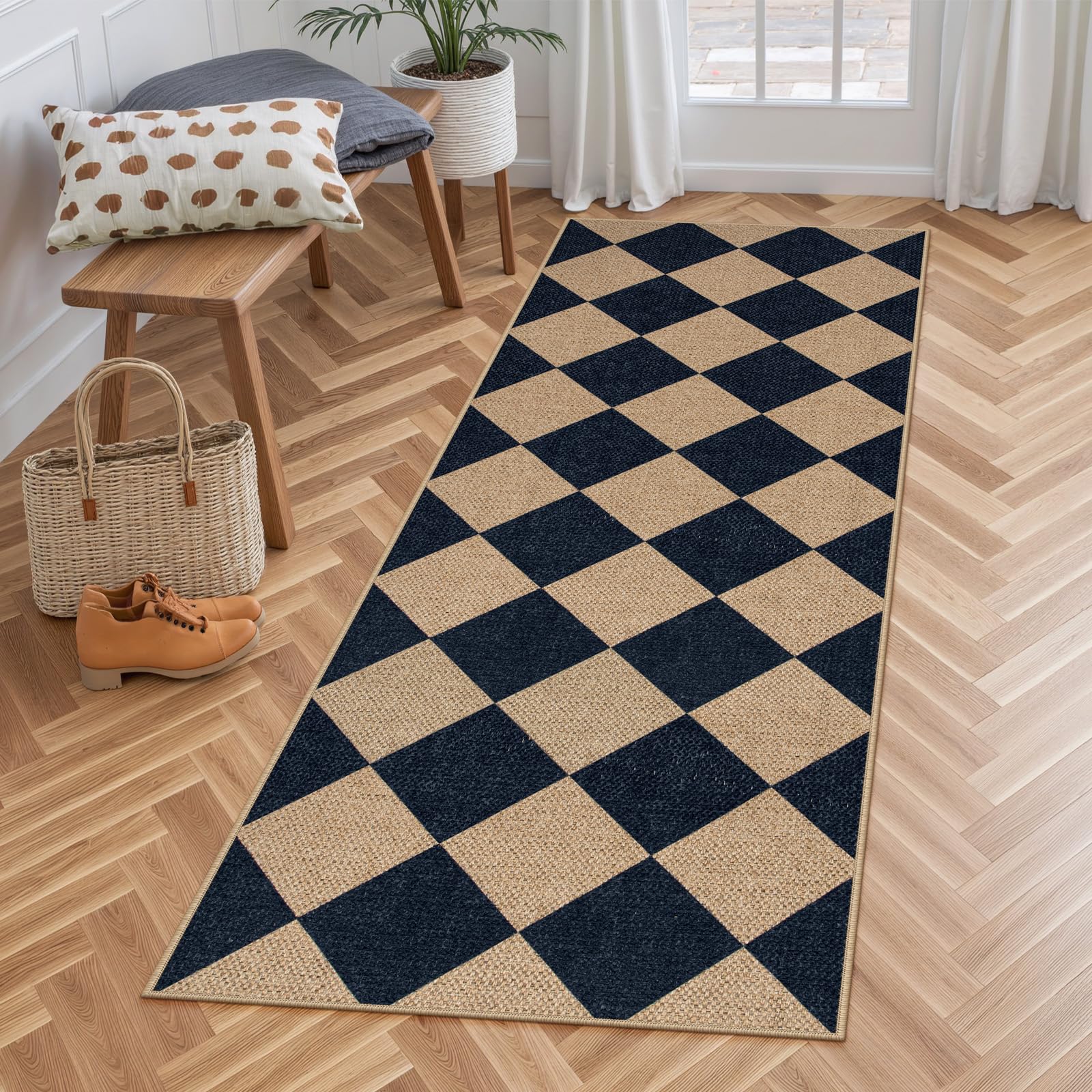 Lahome Colette Checkered Easy Jute 3x5 Outdoor Patio Rug, Washable Rugs for Entryway Diamond Indoor Outdoor Living Room Carpet, Farmhouse Neutral Non Slip Black Door Carpet for Backyard Bedroom