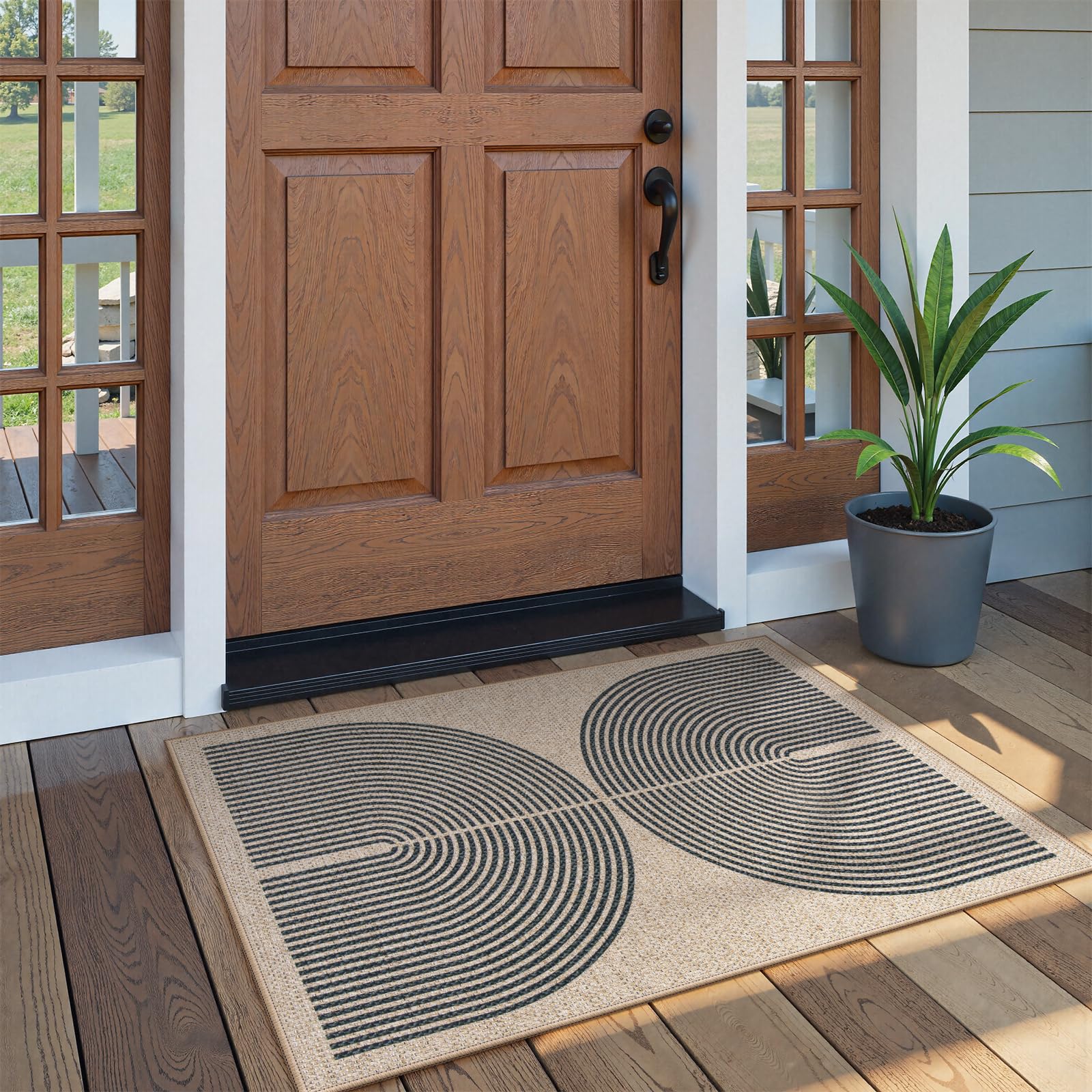 Lahome Enfys Modern Rainbow Easy Jute Outdoor Patio Rug, 3x5 Black Washable Rugs for Entryway Office Farmhouse Classroom Carpet, Contemporary Non Slip Front Door Mat for Porch Guestroom Room Decor