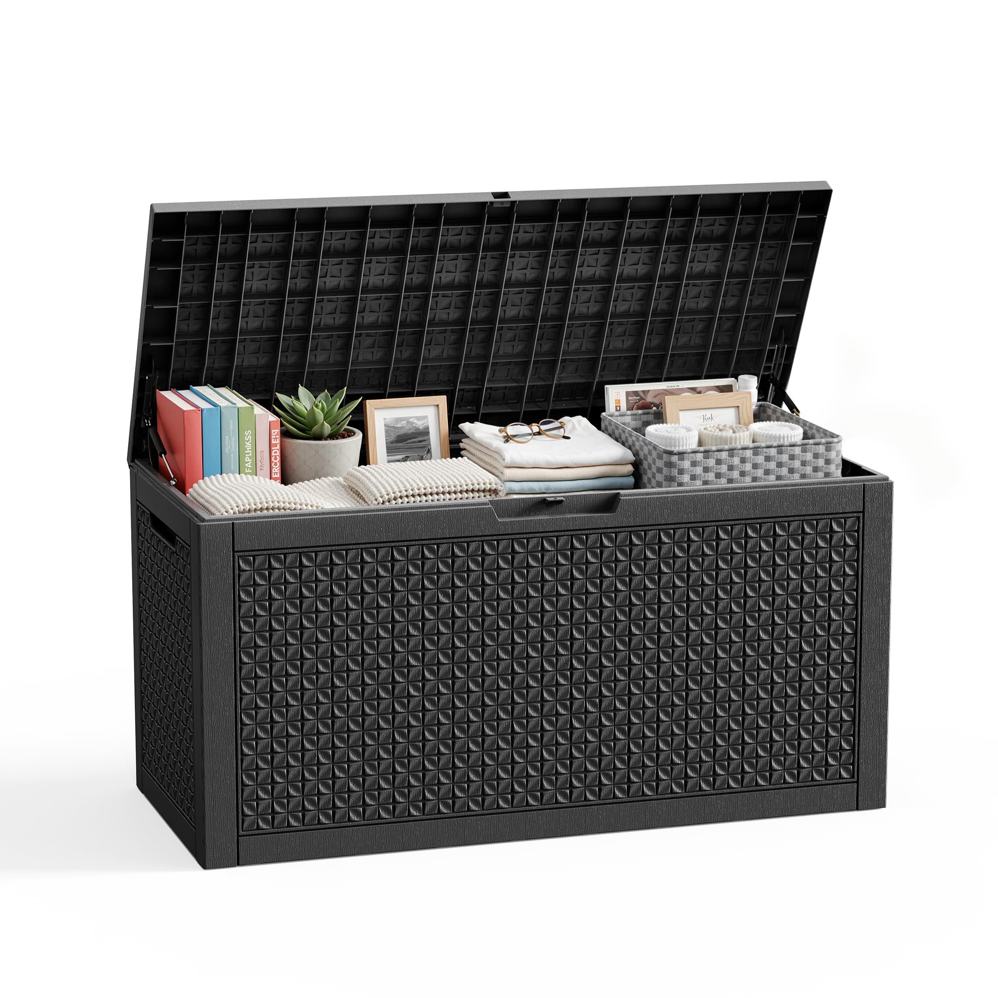PatioZen 90 Gallon Resin Deck Box, Lockable Patio Outdoor Storage Box for Furniture, Garden Tools and Tools Storage, Waterproof Outside Storage Box - Black