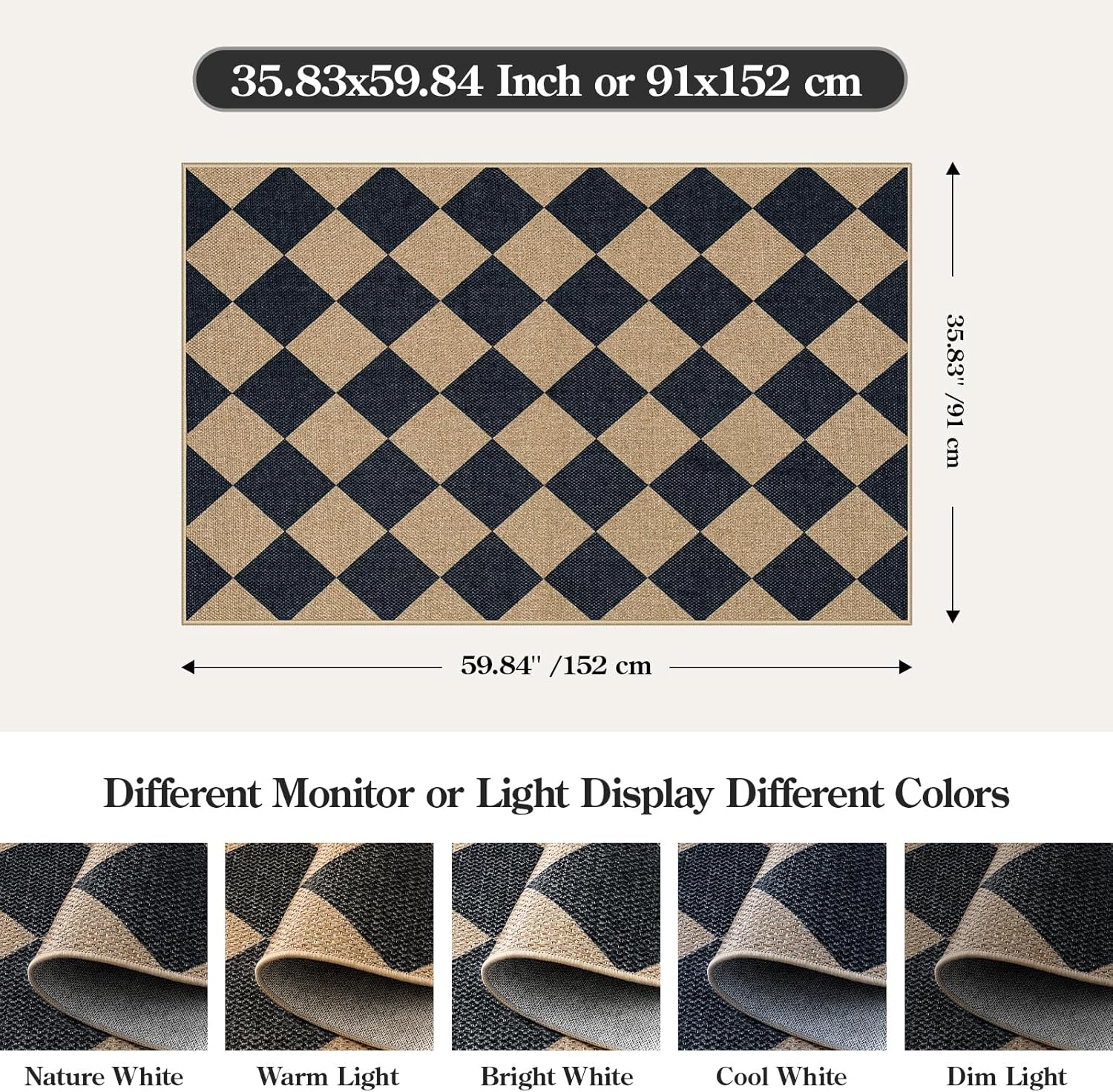 Lahome Colette Checkered Easy Jute 3x5 Outdoor Patio Rug, Washable Rugs for Entryway Diamond Indoor Outdoor Living Room Carpet, Farmhouse Neutral Non Slip Black Door Carpet for Backyard Bedroom