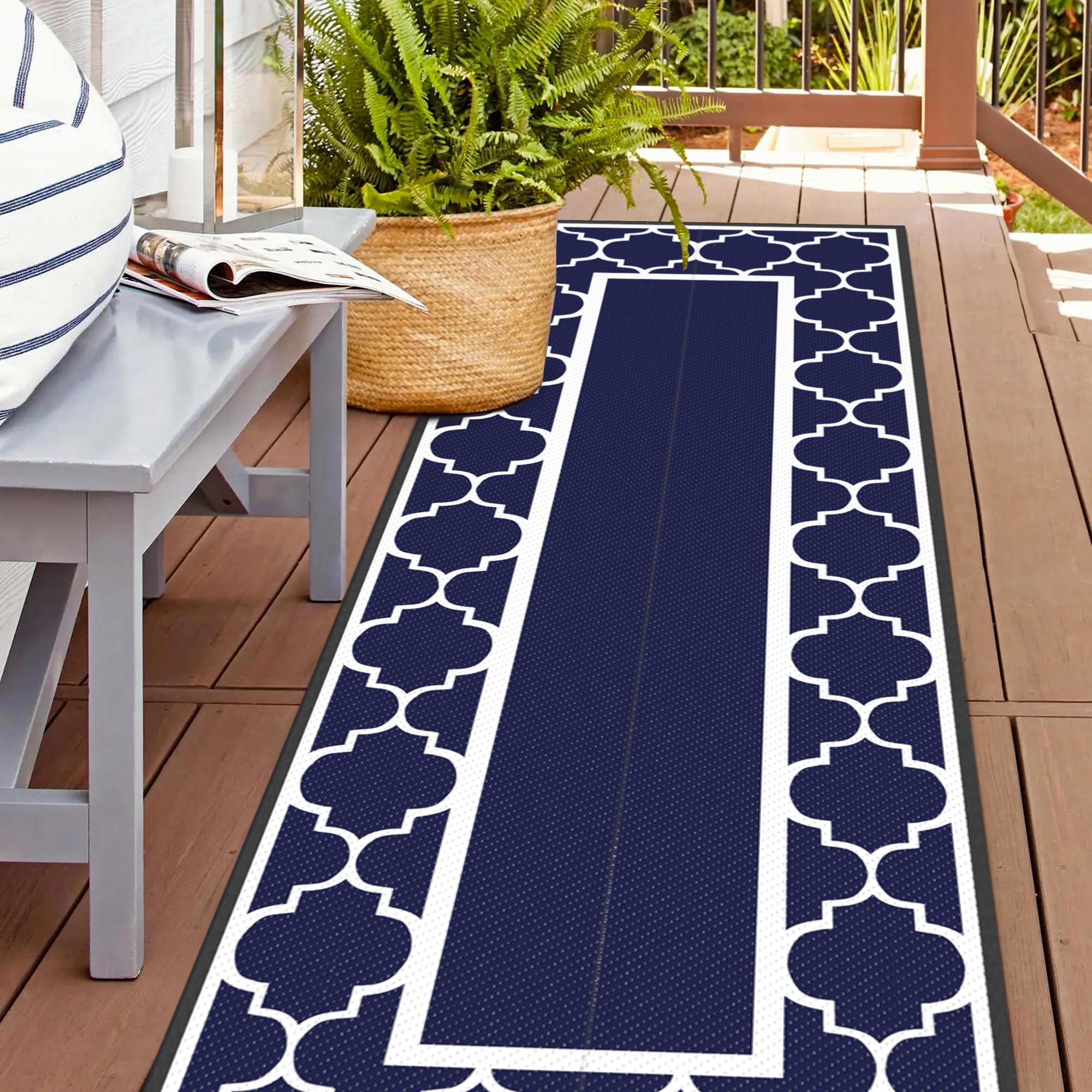 GENIMO 5' x 8' Outdoor Rug Waterproof for Patio Decor, Foldable Reversible Plastic Straw Area Rugs Mat for Camper, Outside Carpet for Rv, Deck, Porch, Picnic, Beach, Balcony, Blue & White