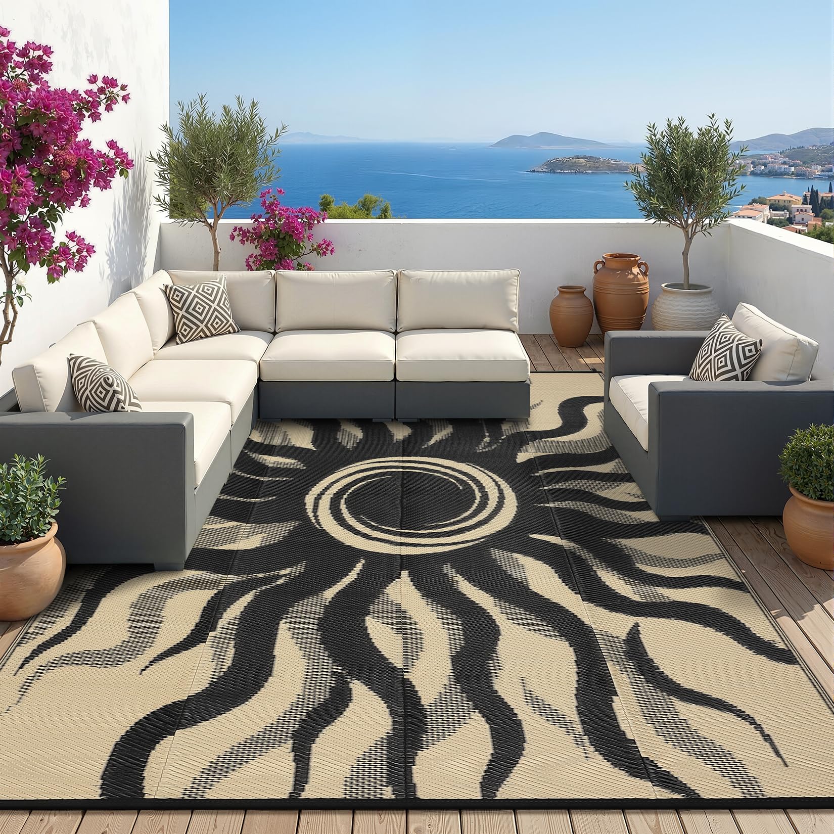 Garvee Outdoor Rug 5x8 Waterproof Patio Rugs with Boho Sun Pattern, Reversible Plastic Straw Camping Rugs Outdoor Indoor RV Mat Carpet for Deck, Backyard, Picnic, Porch, Balcony, Beach, Orange