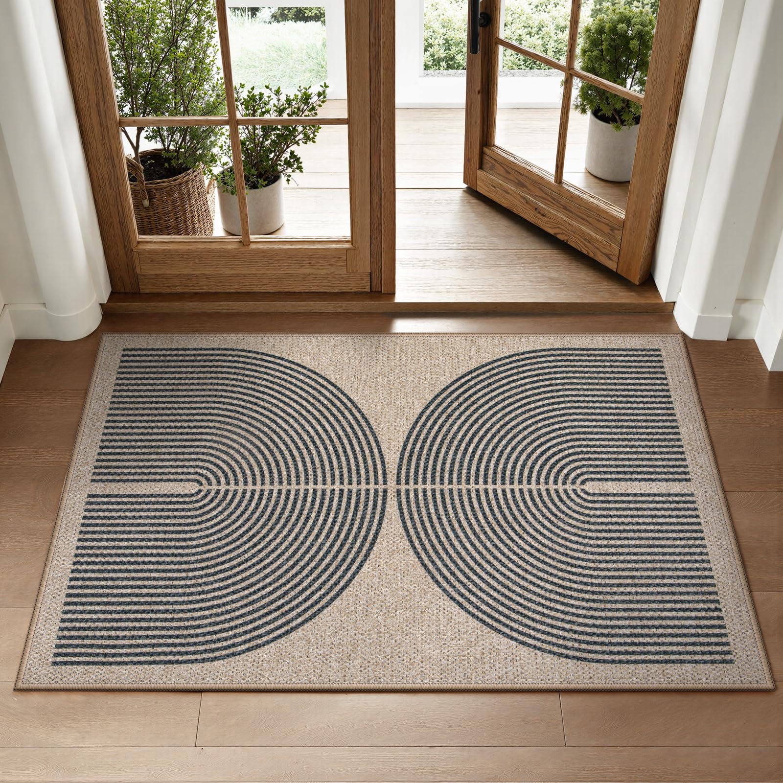 Lahome Enfys Modern Rainbow Easy Jute Outdoor Patio Rug, 3x5 Black Washable Rugs for Entryway Office Farmhouse Classroom Carpet, Contemporary Non Slip Front Door Mat for Porch Guestroom Room Decor