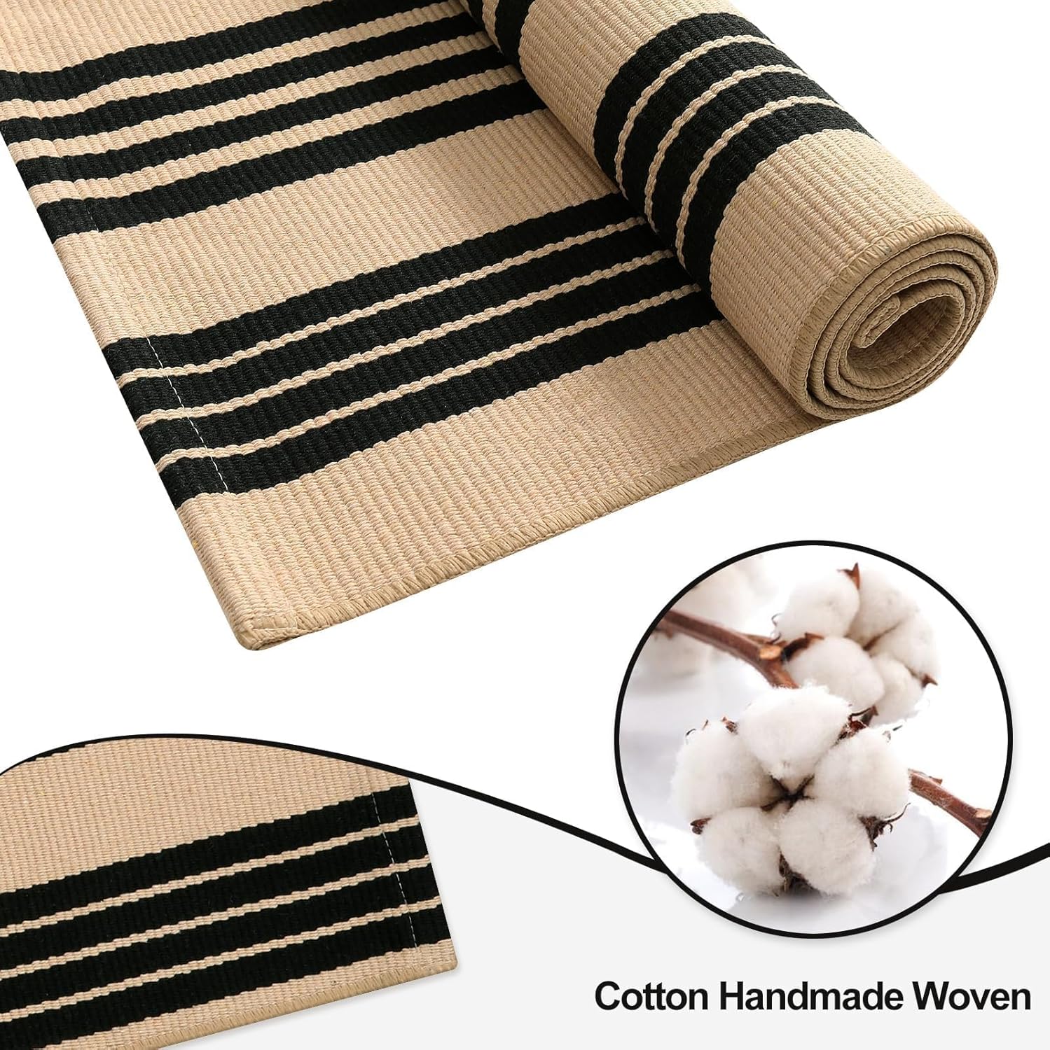 OJIA Outdoor Rug 3'x5', Black and Tan Area Rug Machine Washable Rugs Cotton Hand Woven Entry Rug Indoor Outdoor Striped Carpet for Front Porch/Deck/Backyard/Camping/Outdoor Decor